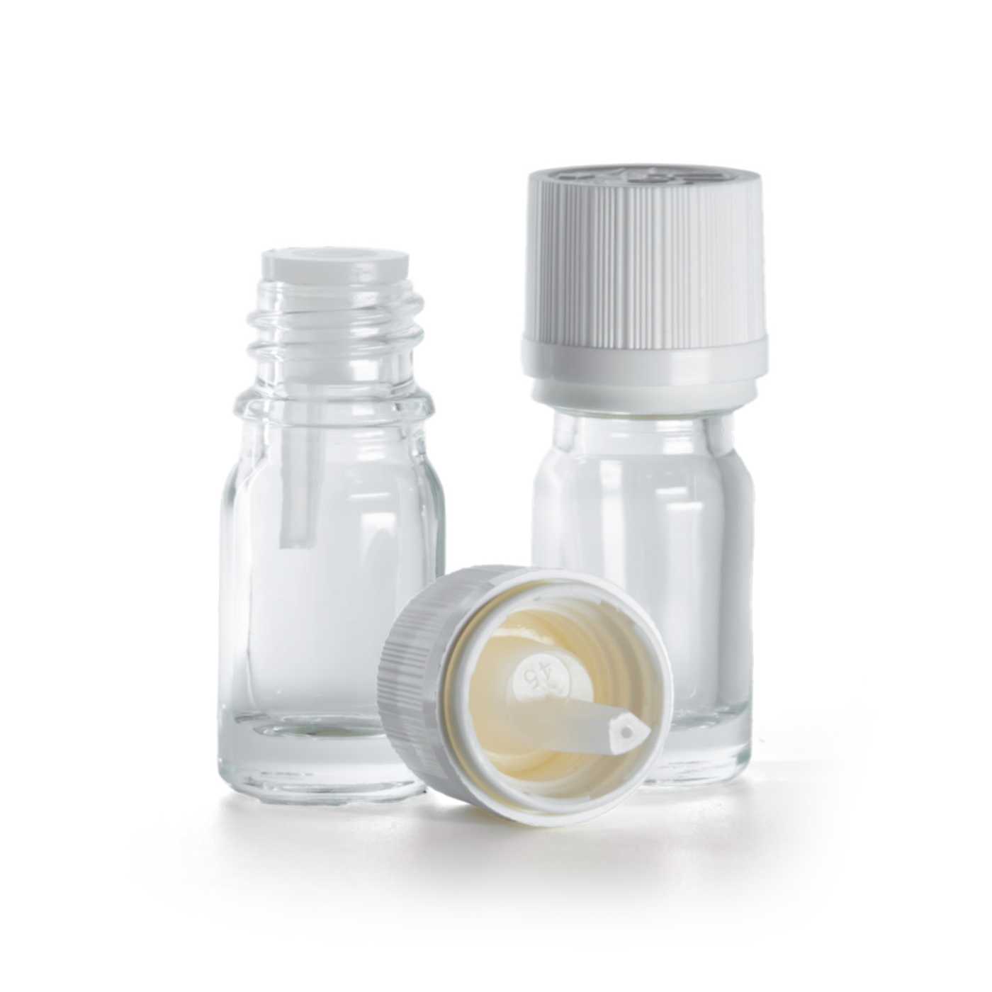 Botella de vidrio, transparente, tapón de seguridad inviolable blanco con cuentagotas, 5 ml