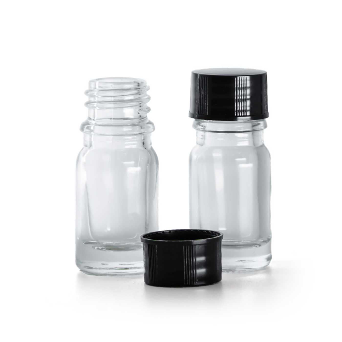 Sklenená fľaška, priehľadná, čierny vrchnák, 5 ml