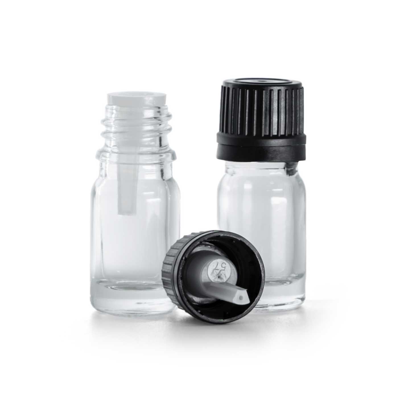 Sklenená fľaška, priehľadná, čierny vrchnák s kvapátkom, 5 ml