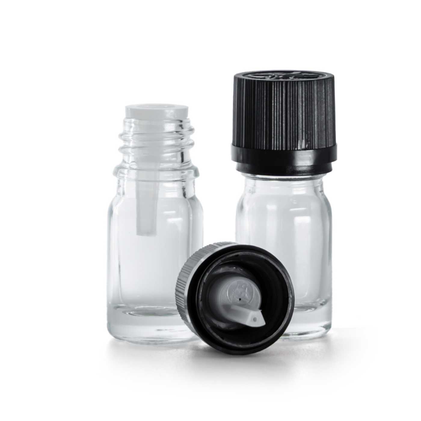 Botella de vidrio, transparente, tapón de seguridad negro con cuentagotas, 5 ml