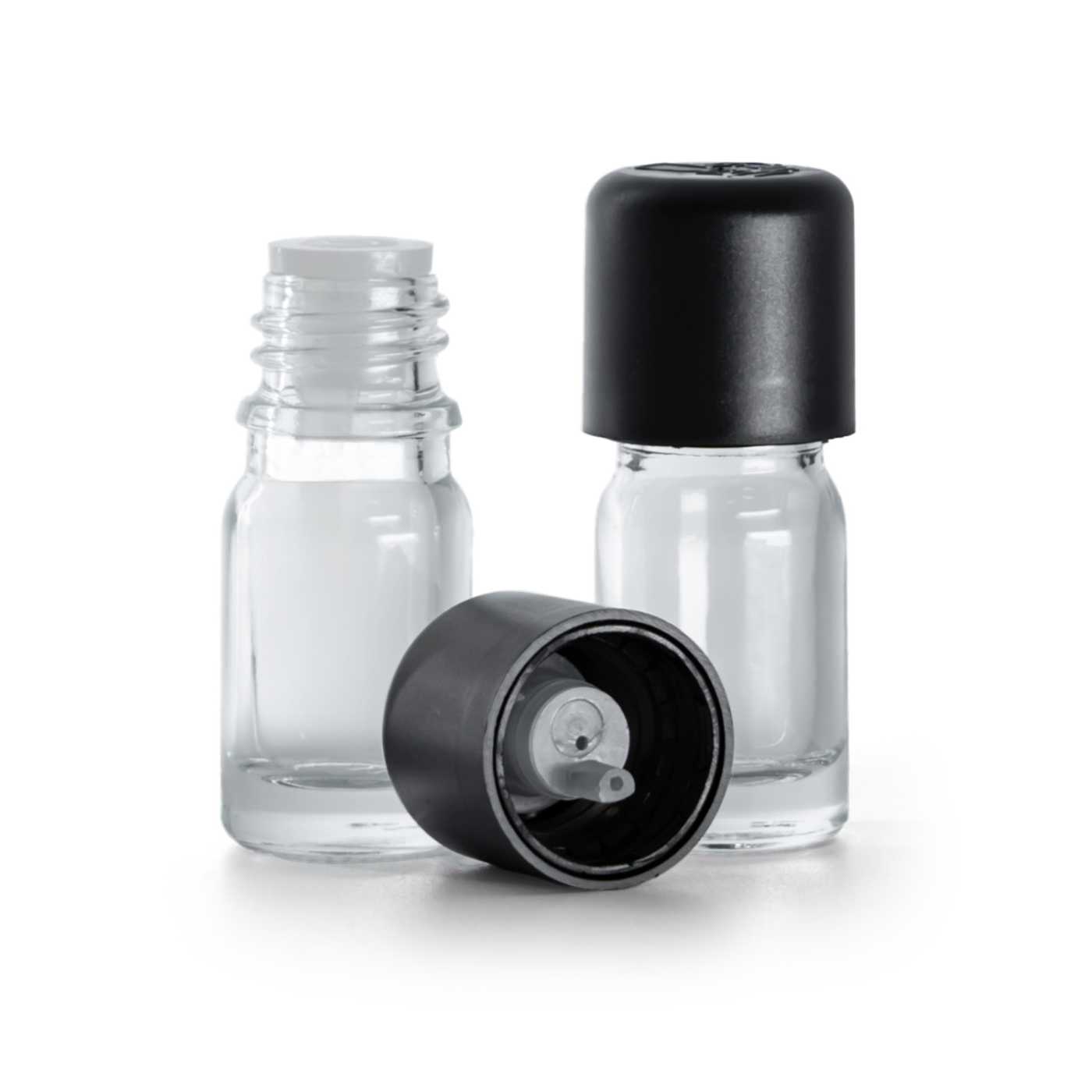 Sklenená fľaška, priehľadná, čierny vrchnák s poistkou, 5 ml