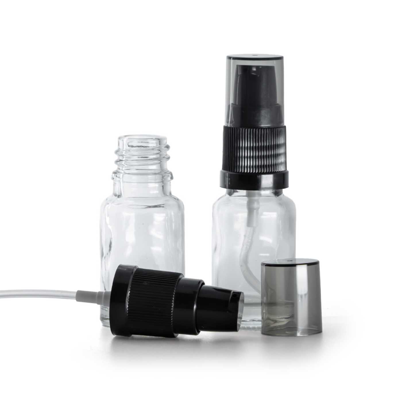Flacon en verre transparent, pompe crème avec surcapuchon fumé, 10 ml