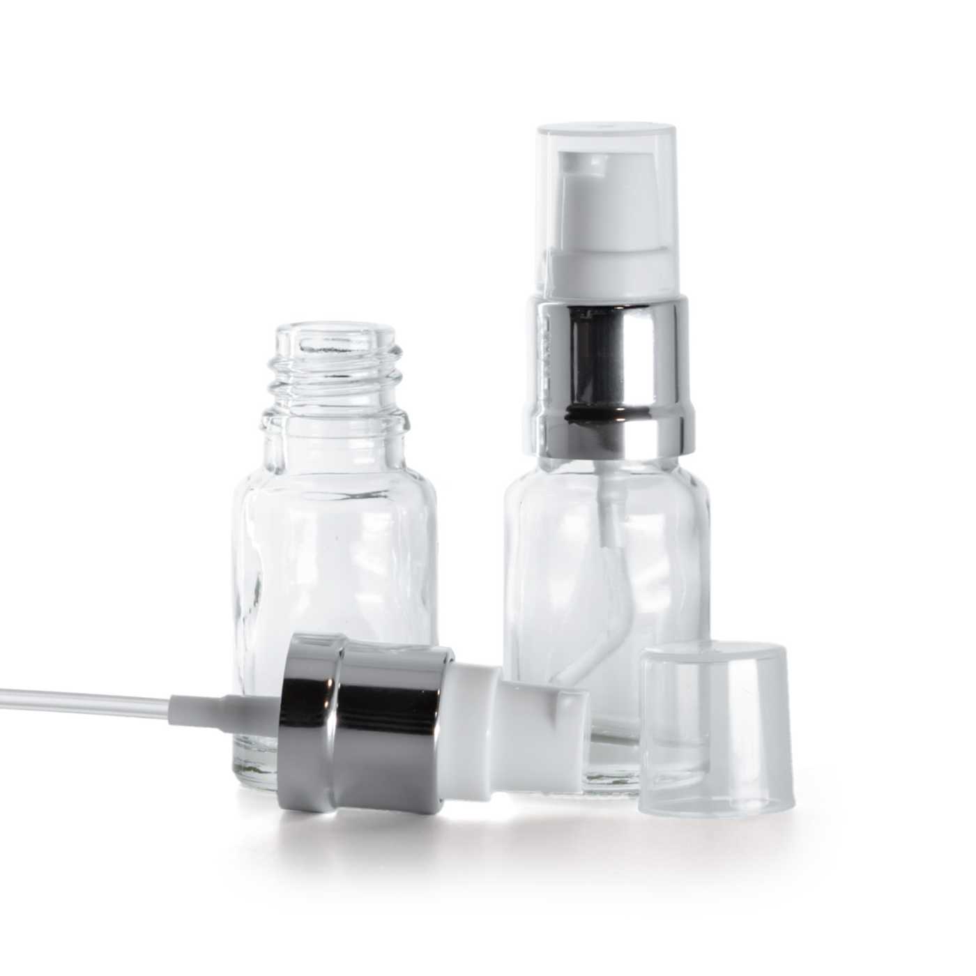 Flacon en verre transparent, pompe brillante argent blanc, 10 ml