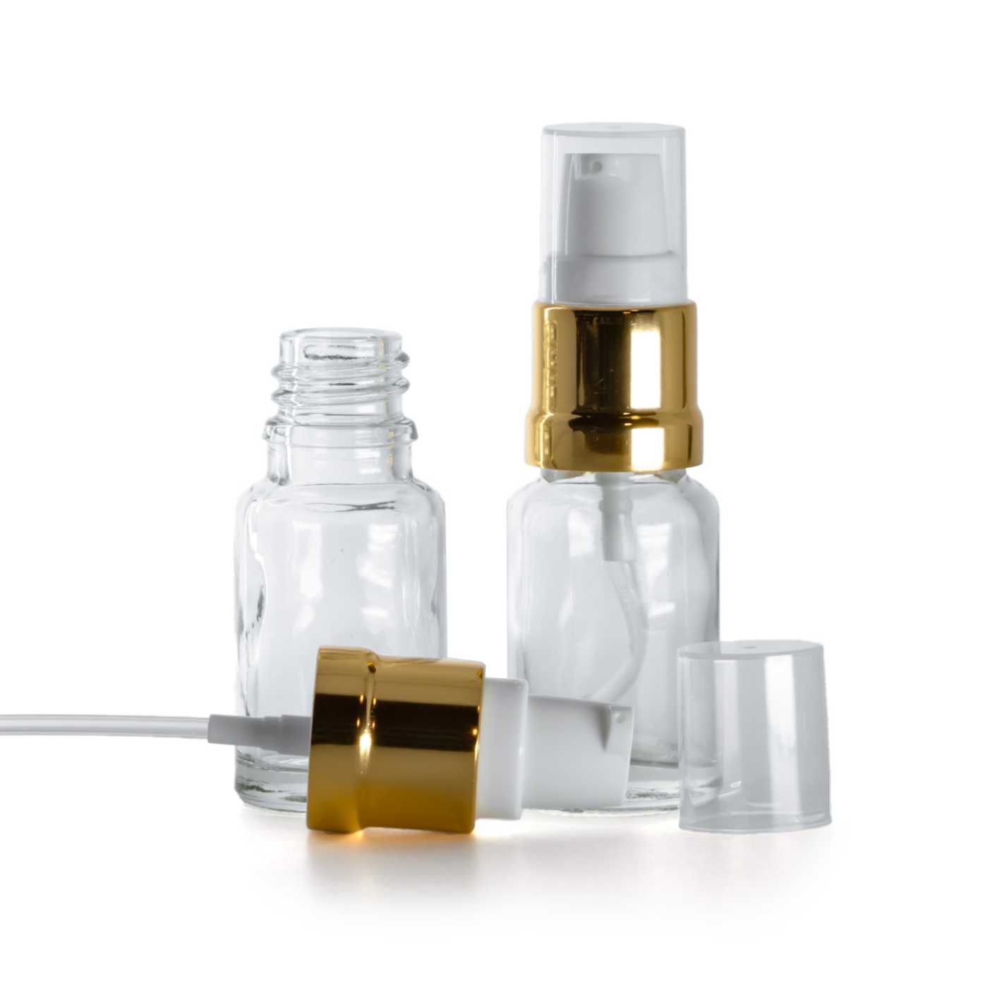Flacon en verre transparent, pompe brillante blanc-or, 10 ml