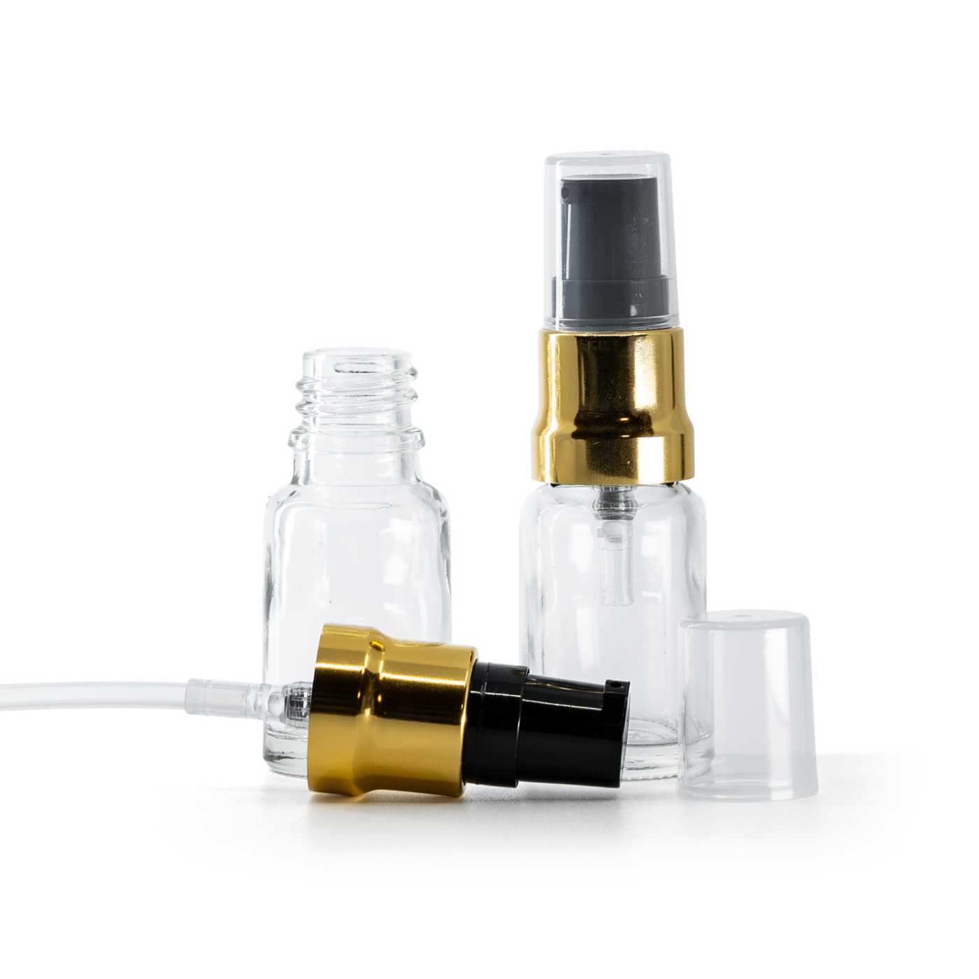 Flacon en verre transparent, pompe noire et or brillante avec capot transparent, 10 ml