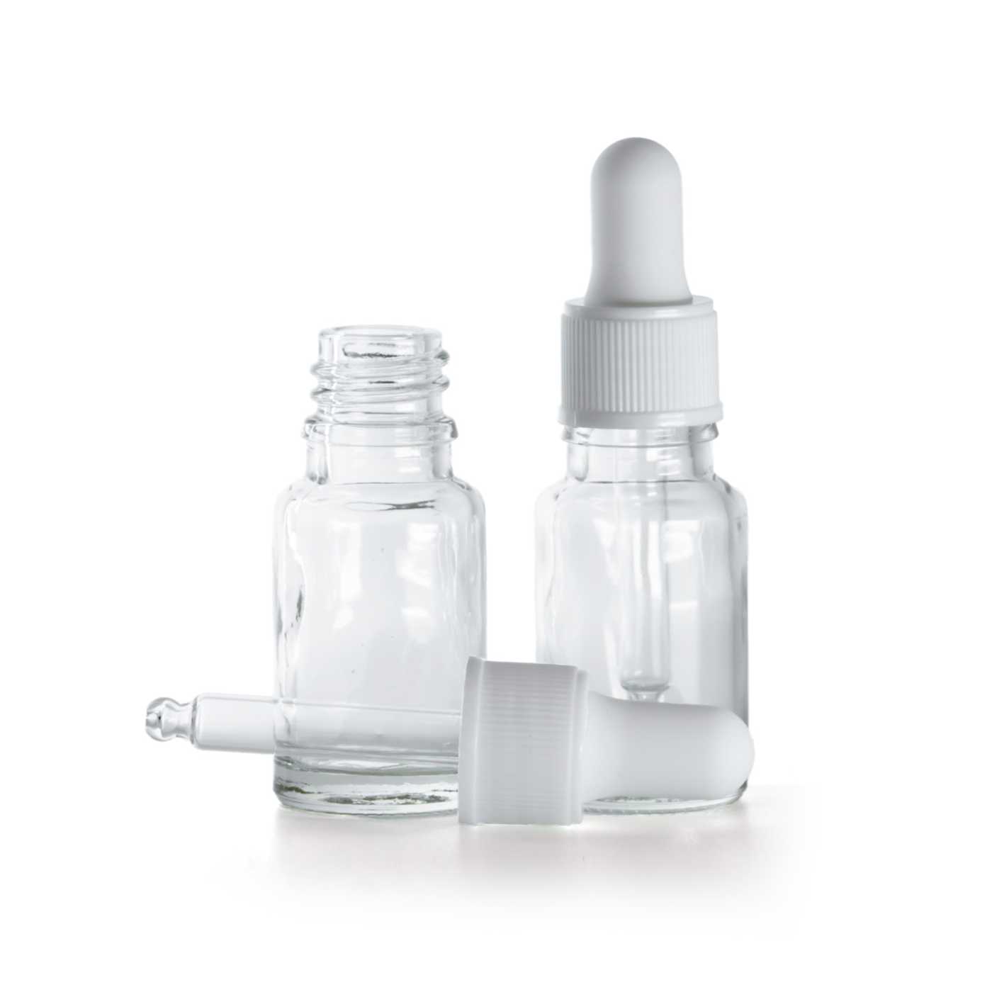 Flacon en verre transparent, compte-gouttes blanc mat, 10 ml