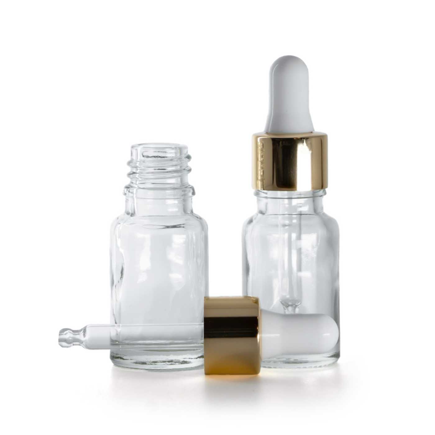 Flacon en verre transparent avec compte-gouttes blanc et or, 10 ml