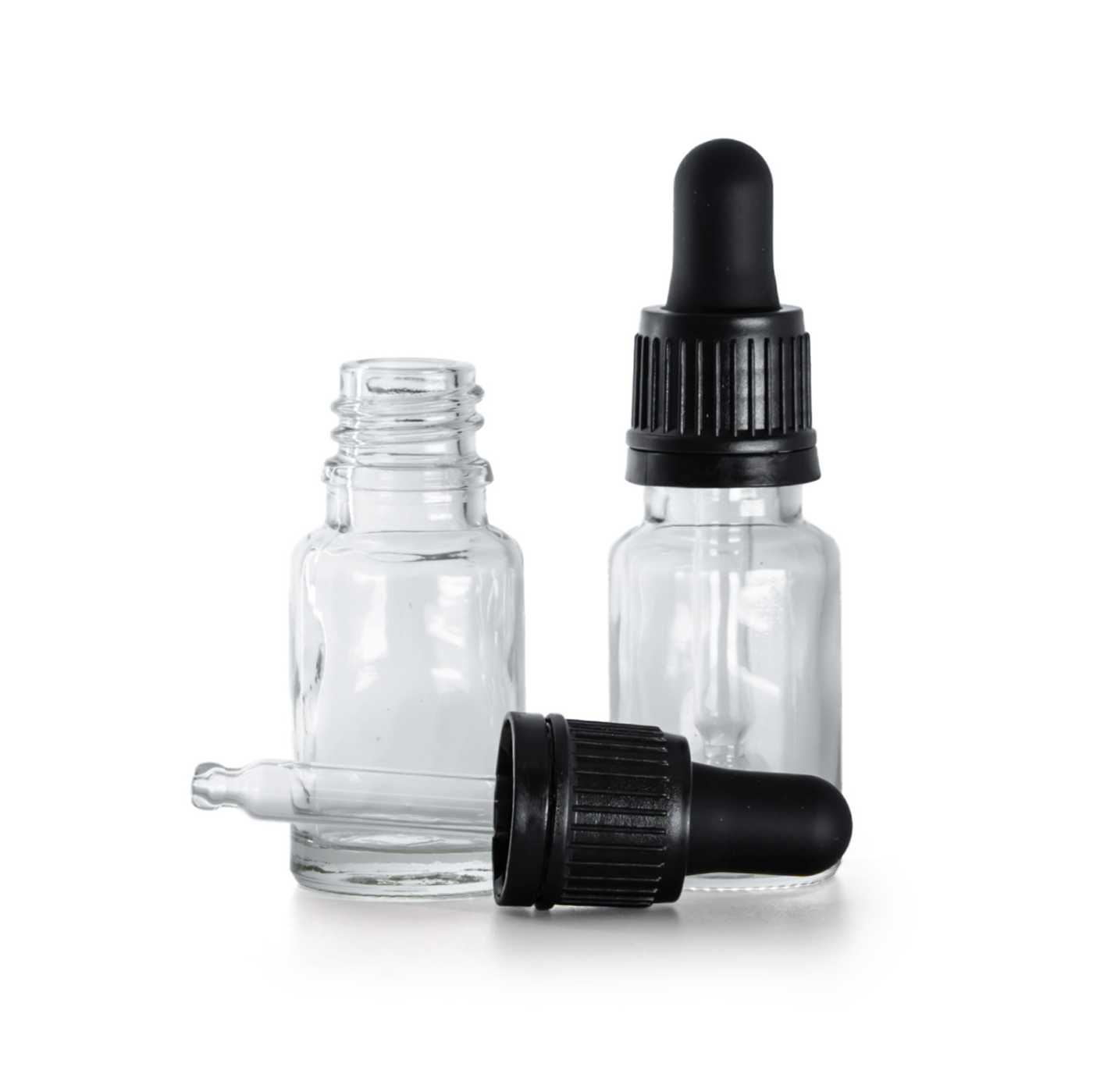 Flacon en verre transparent avec compte-gouttes noir, 10 ml