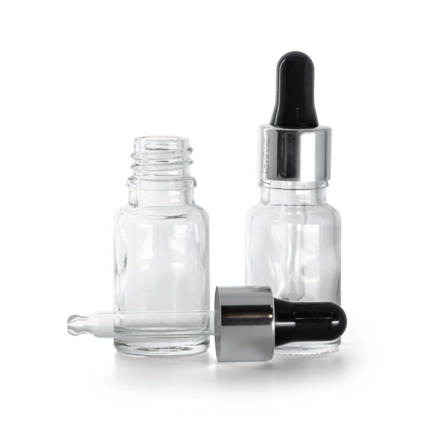 Flacon en verre transparent avec compte-gouttes noir argenté 10 ml
