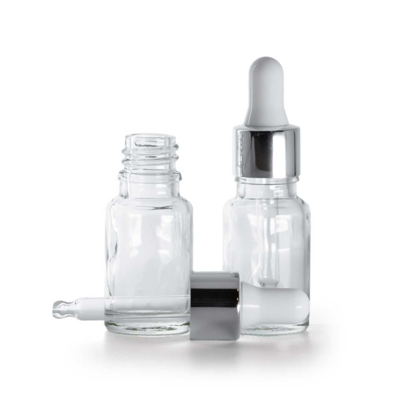 Flacon en verre transparent avec compte-gouttes argenté 10 ml