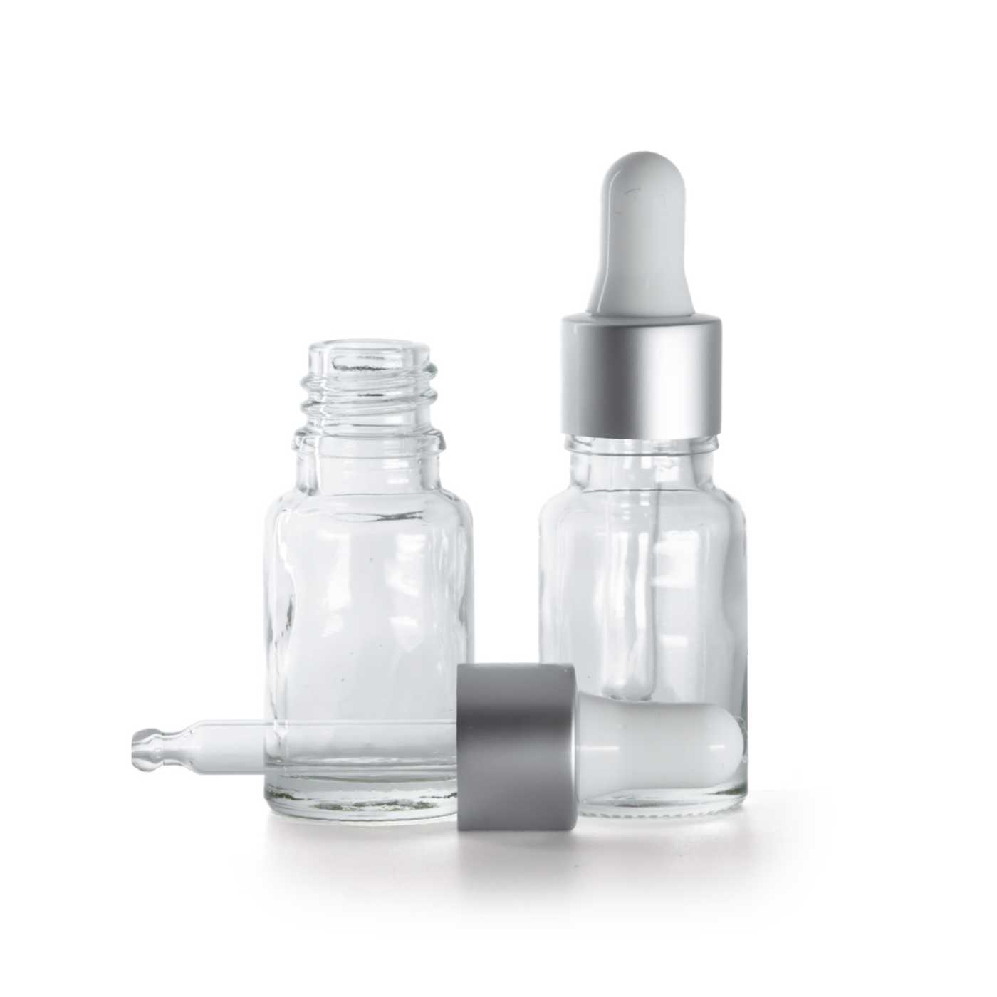 Flacon en verre transparent, compte-gouttes argent mat, 10 ml