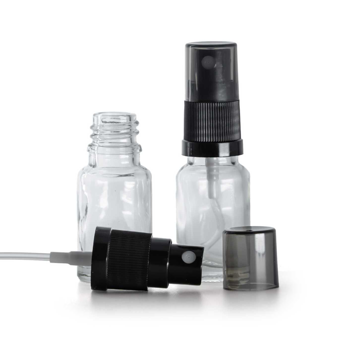 Flacon en verre transparent, spray brume fine noir, surcapuchon fumé, 10 ml