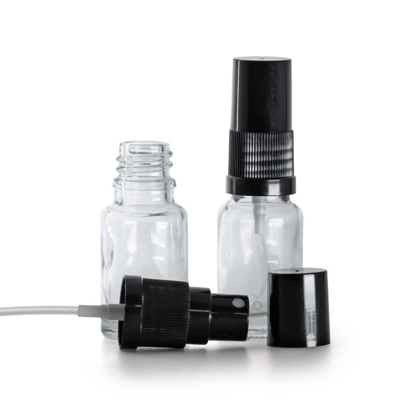 Flacon en verre transparent, pompe spray fine noire, capot noir, 10 ml
