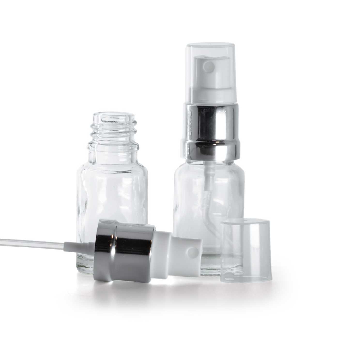 Flacon en verre transparent, pompe spray blanc argenté brillant, 10 ml