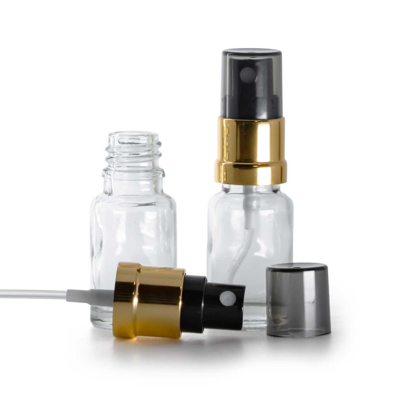 Flacon en verre transparent, vaporisateur noir et doré, surcapuchon fumé, 10 ml