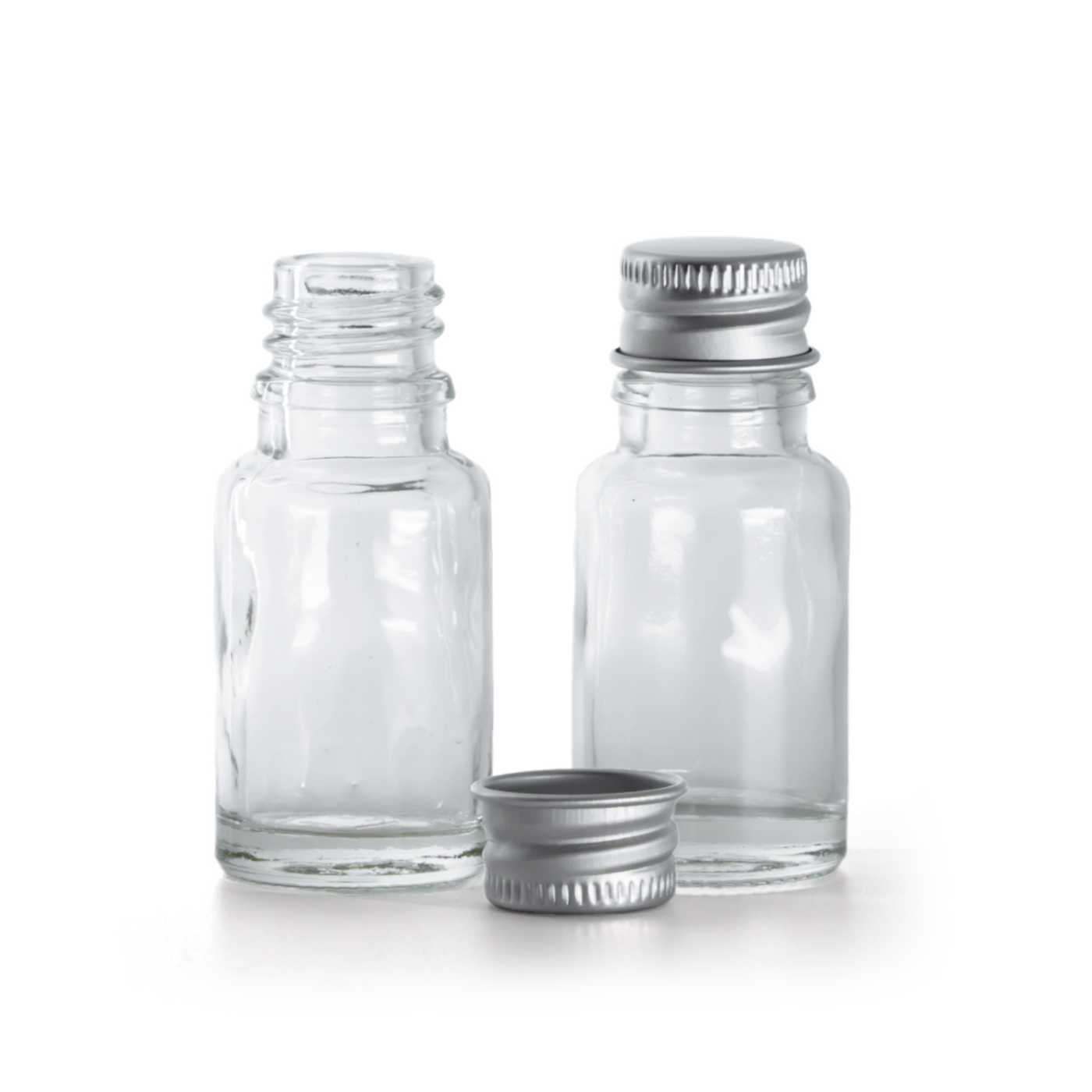 Flacon en verre transparent, bouchon en aluminium, 10 ml