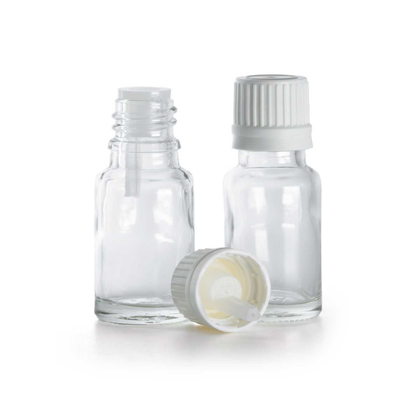 Flacon en verre transparent, bouchon blanc avec compte-gouttes intégré, 10 ml