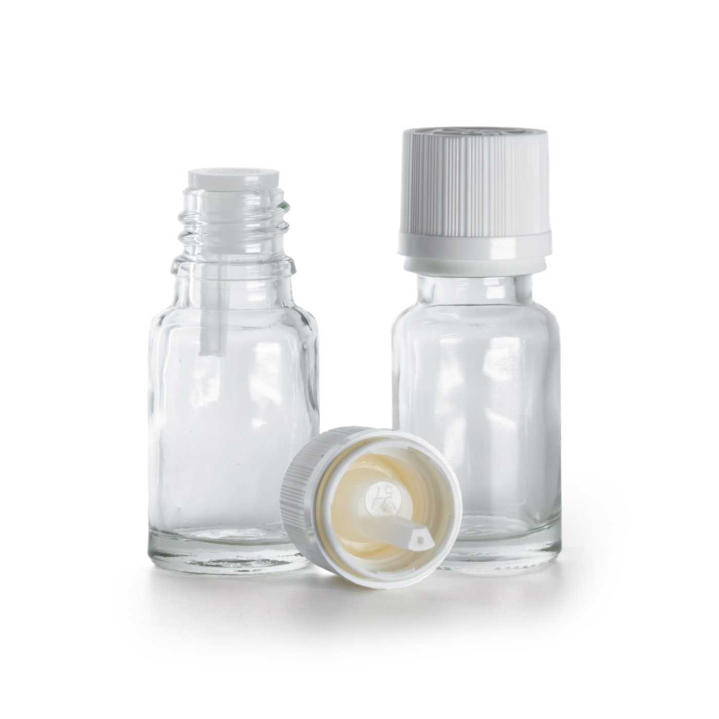 Flacon en verre transparent, capsule inviolable blanche avec compte-gouttes, 10 ml