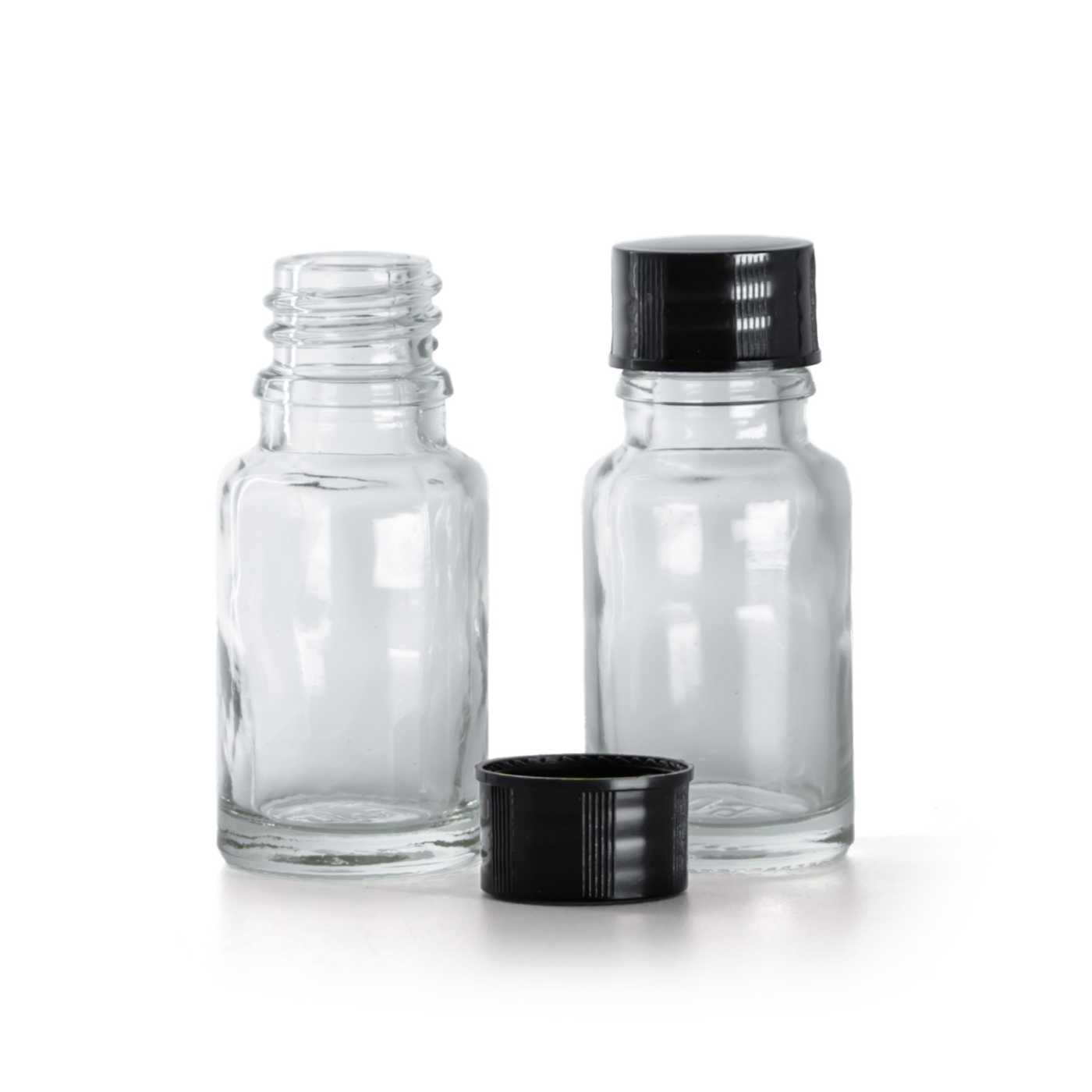 Flacon en verre transparent, bouchon noir, 10 ml