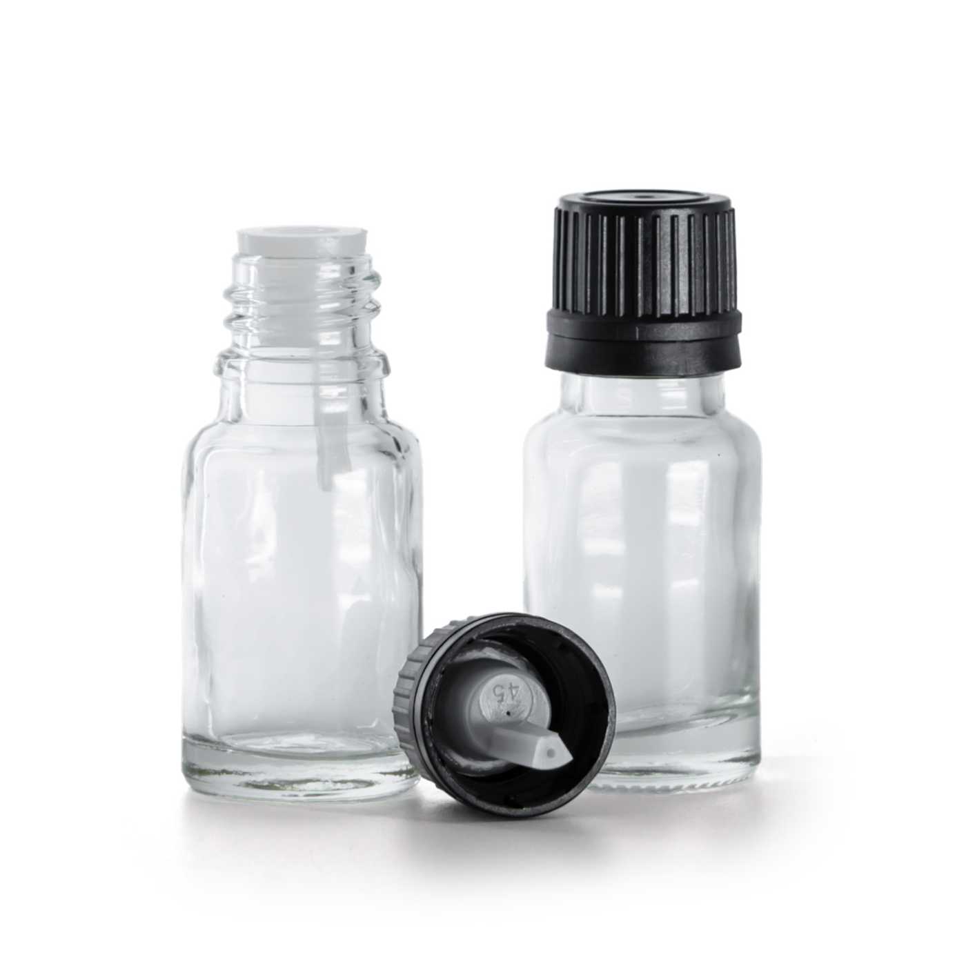 Flacon en verre transparent, bouchon noir avec pipette, 10 ml