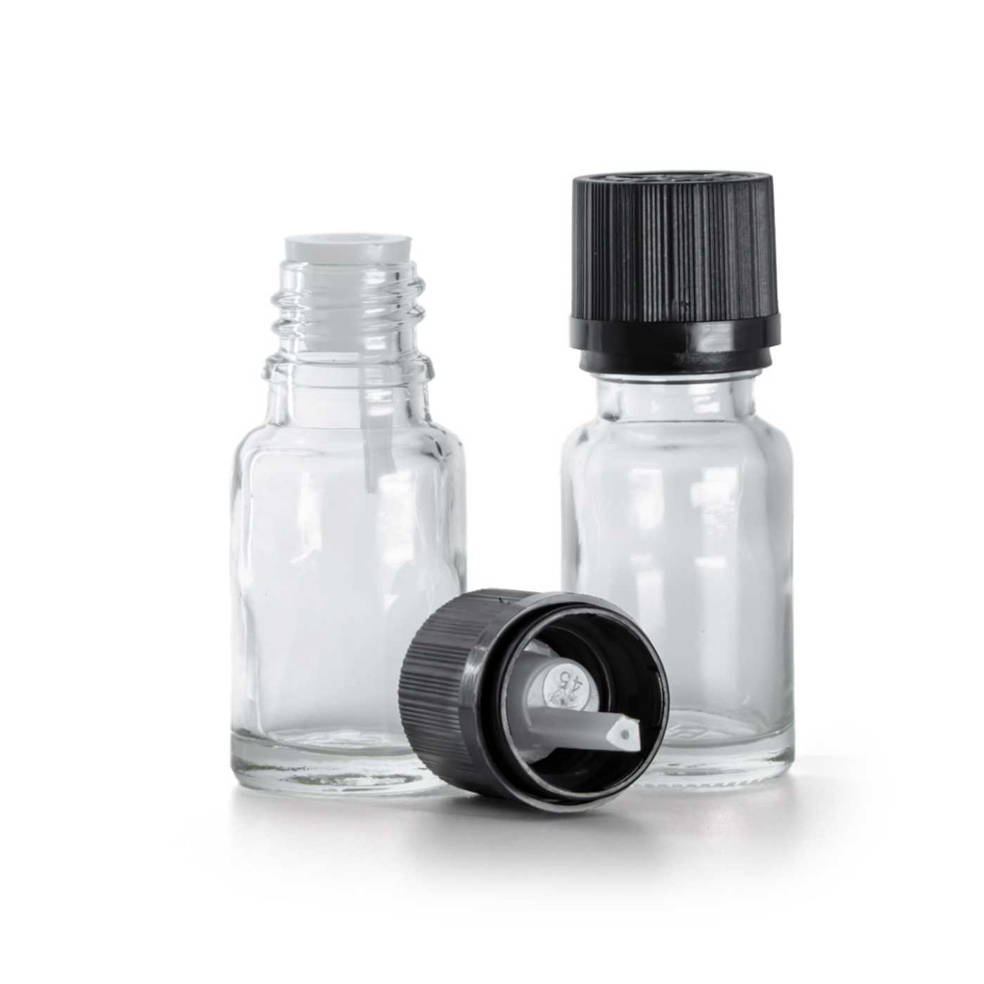 Flacon en verre transparent avec bouchon noir cranté de sécurité, 10 ml