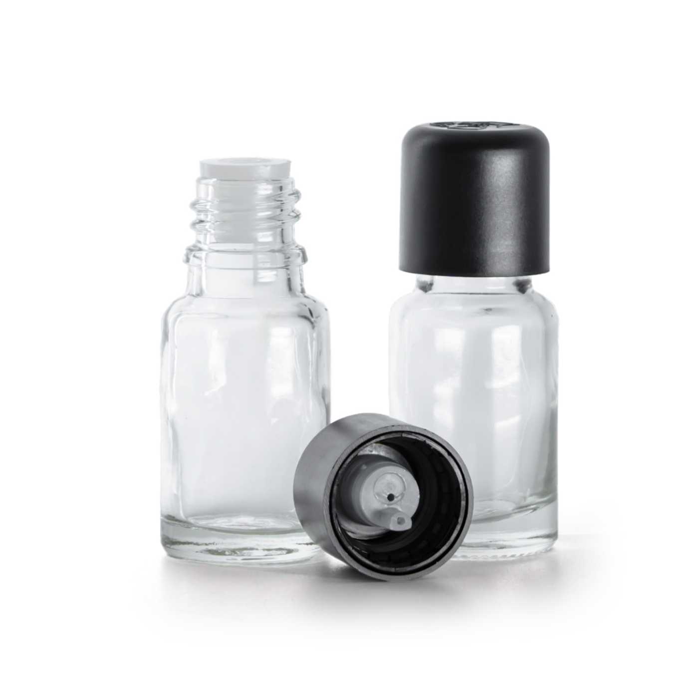 Flacon en verre transparent, bouchon inviolable noir avec compte-gouttes, 10 ml
