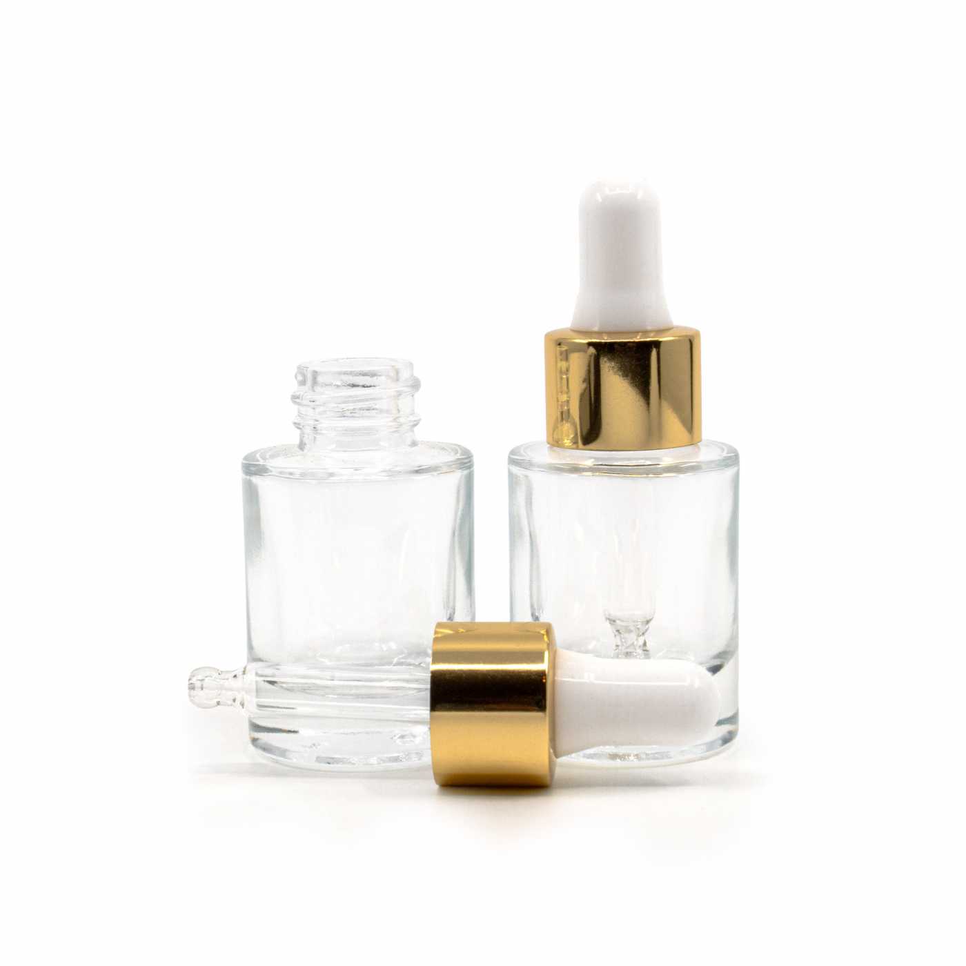 Sklenená fľaška, priehľadná, hrubé dno, bielo-zlaté kvapátko, 10 ml