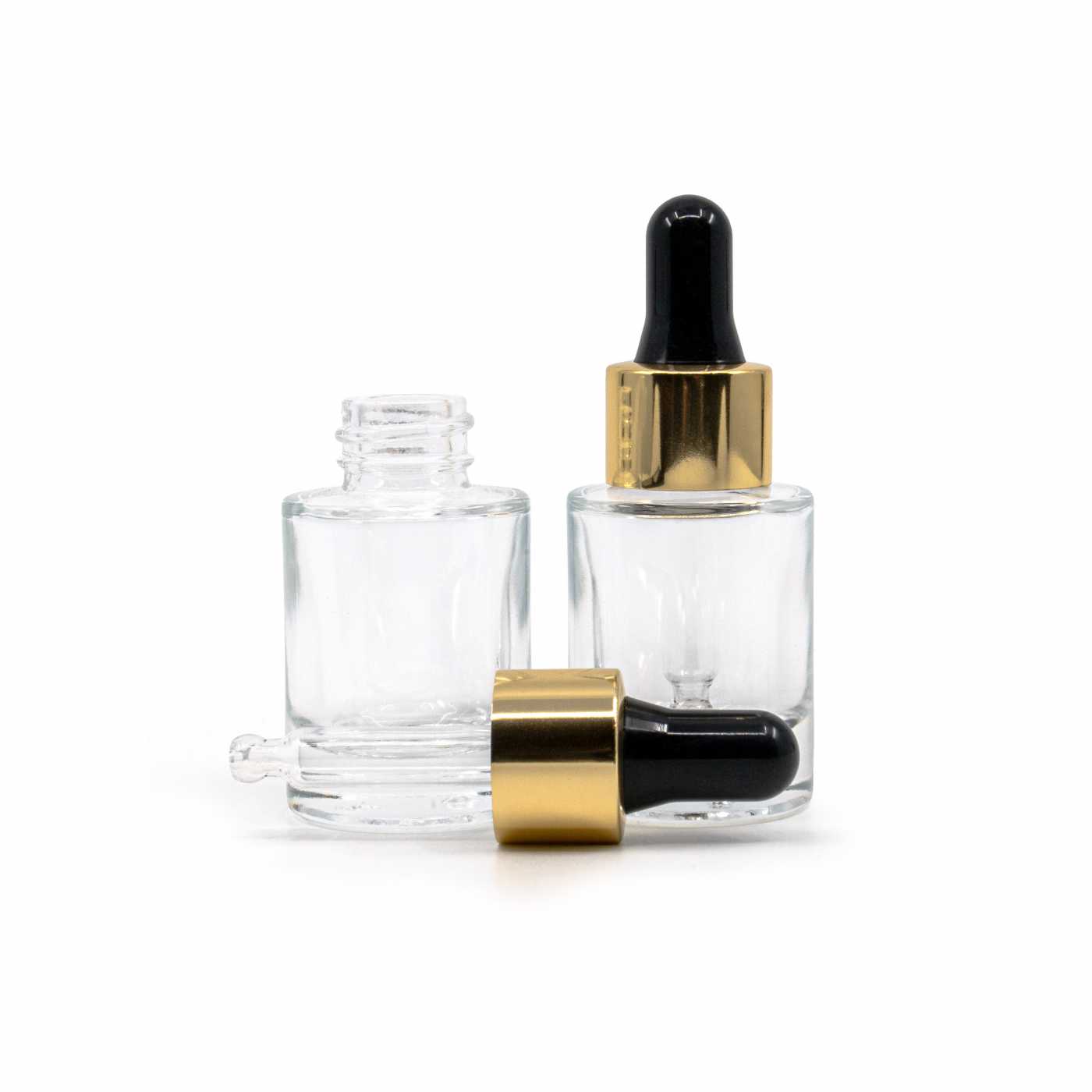 Sklenená fľaška, priehľadná, hrubé dno, čierno-zlaté kvapátko, 10 ml