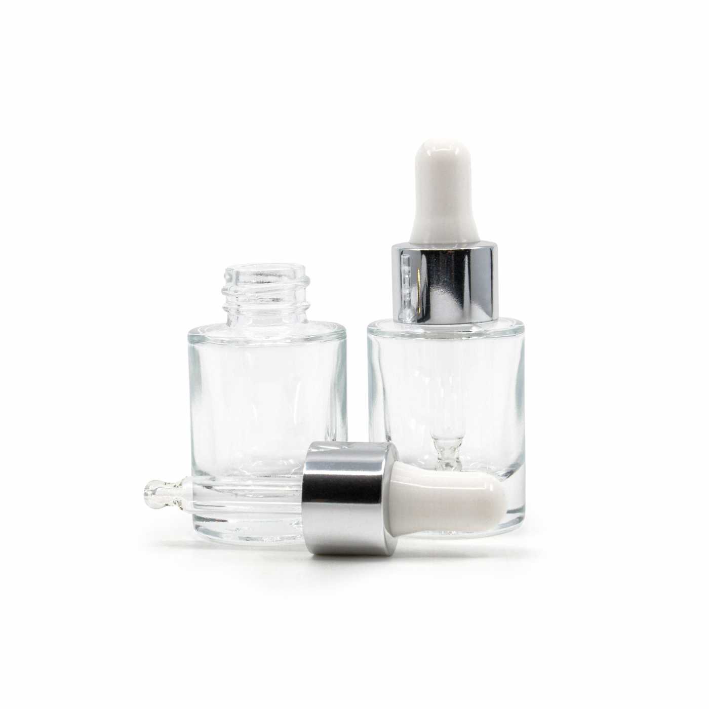 Sklenená fľaška, priehľadná, hrubé dno, bielo-strieborné kvapátko, 10 ml