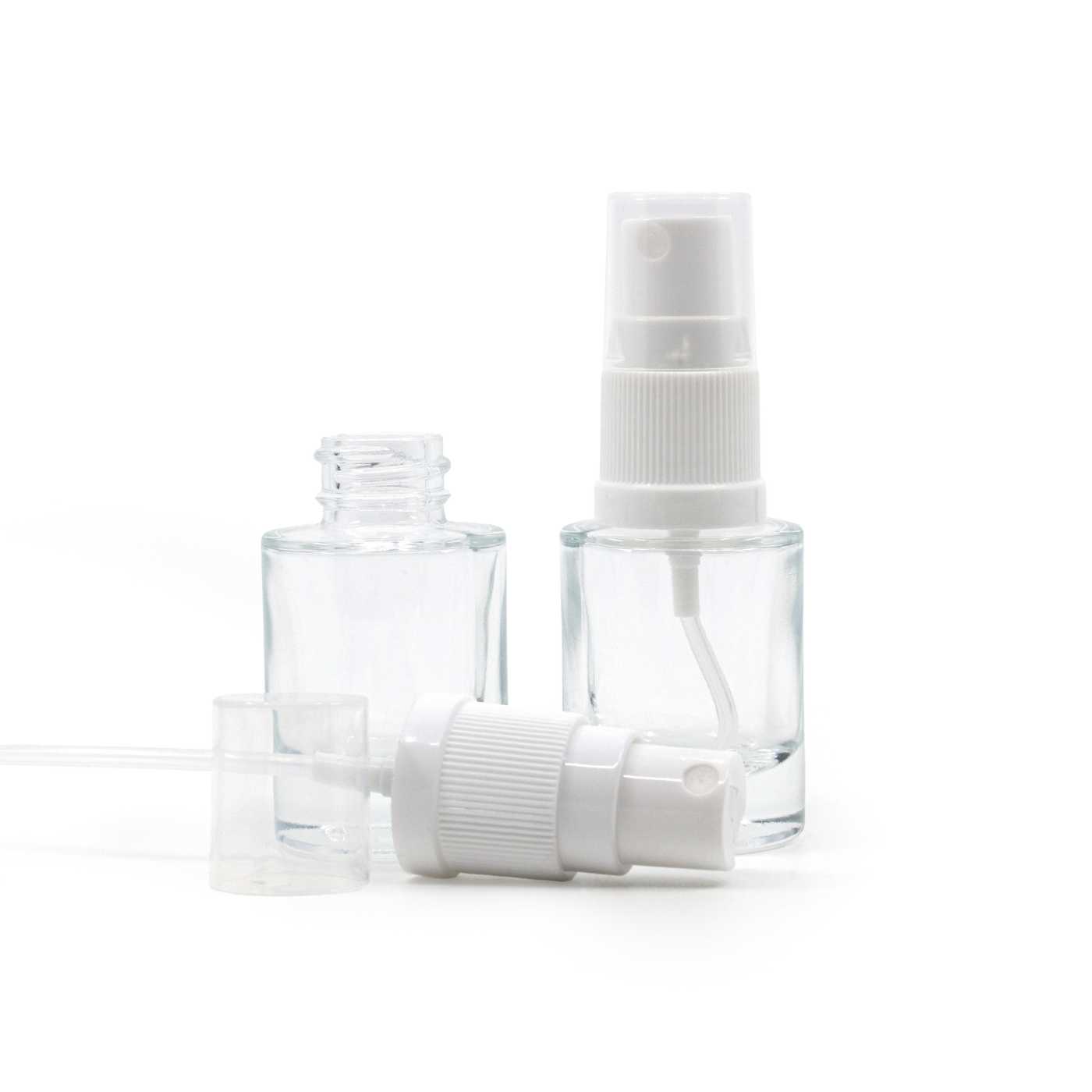 Sklenená fľaška, priehľadná, hrubé dno, rozprašovač biely na plastovú fľašu, 10 ml