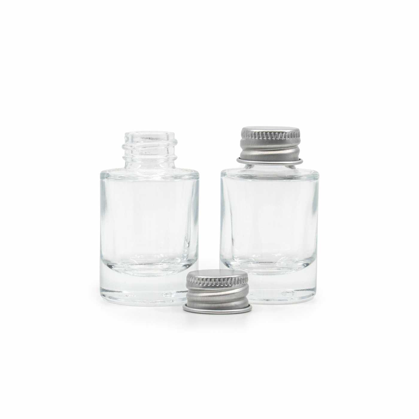 Sklenená fľaška, priehľadná, hrubé dno, strieborný hliníkový vrchnák, 10 ml