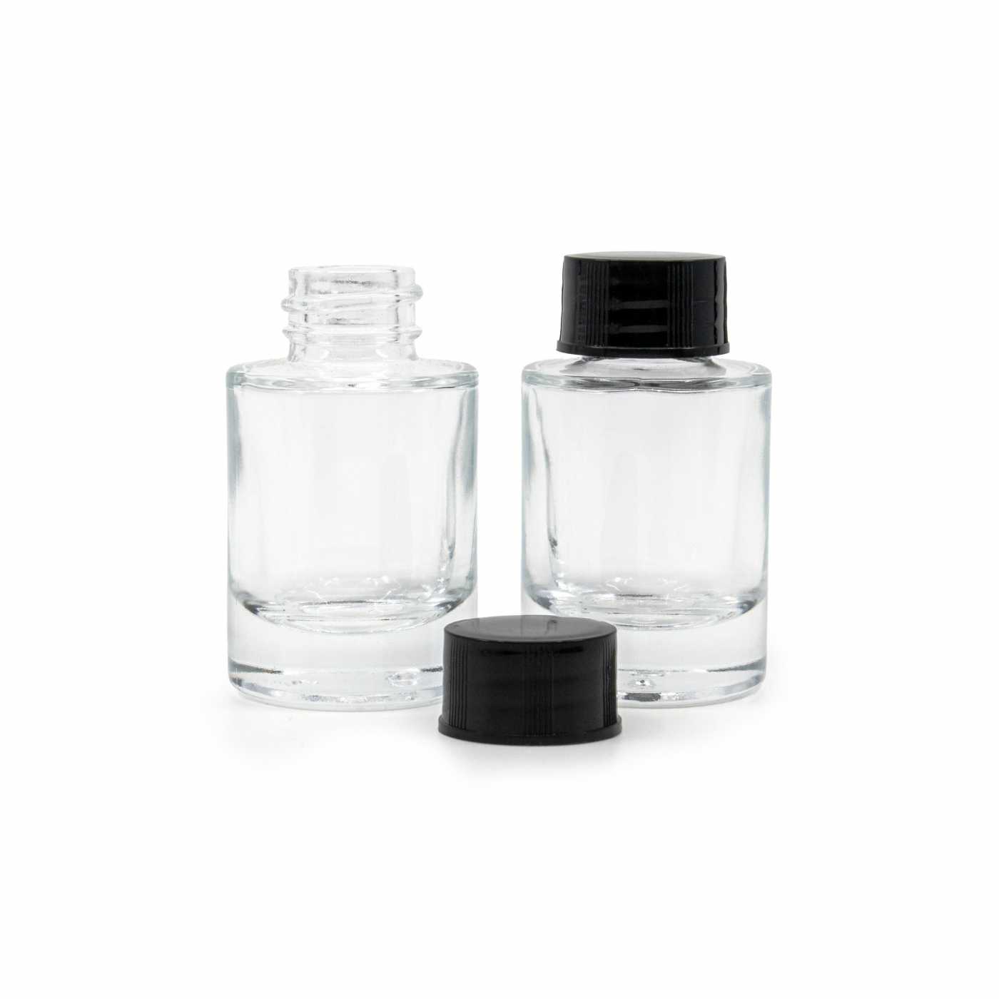 Sklenená fľaška, priehľadná, hrubé dno, čierny vrchnák, 10 ml