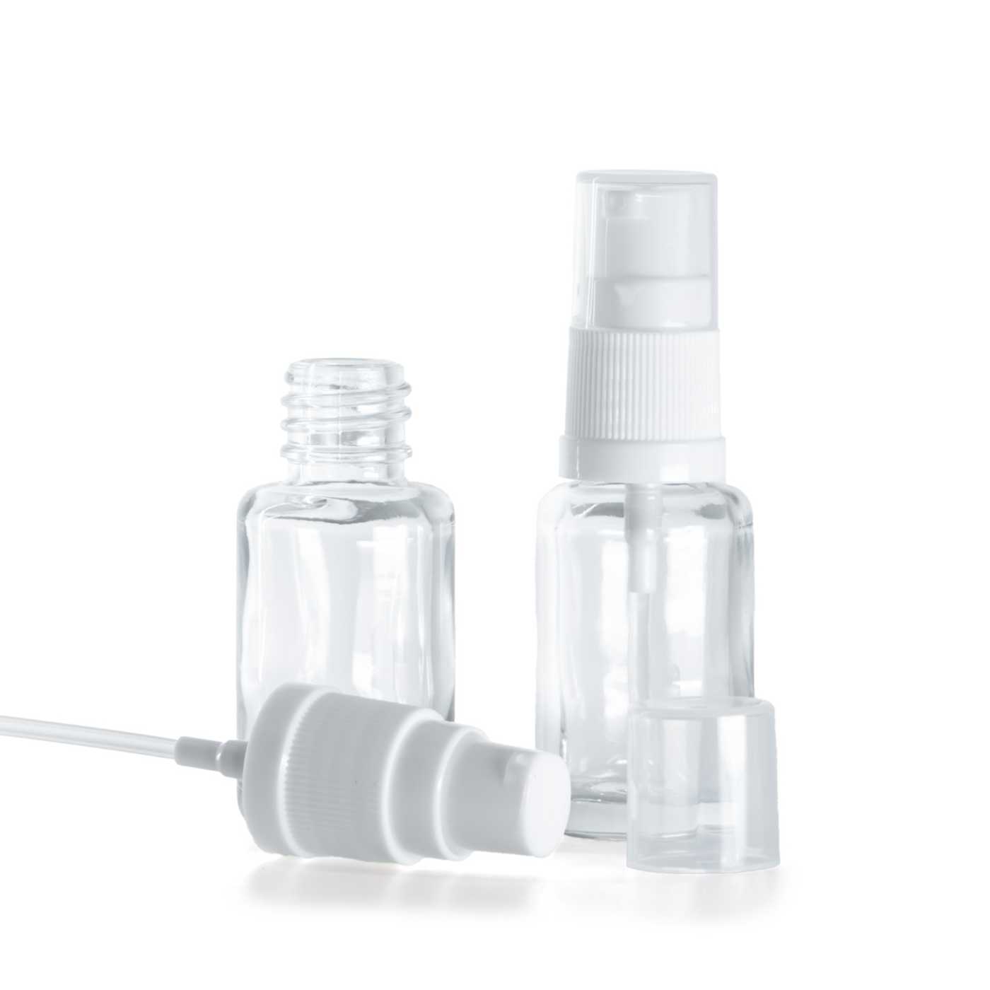 Flacon en verre transparent rond avec pompe blanche 12 ml