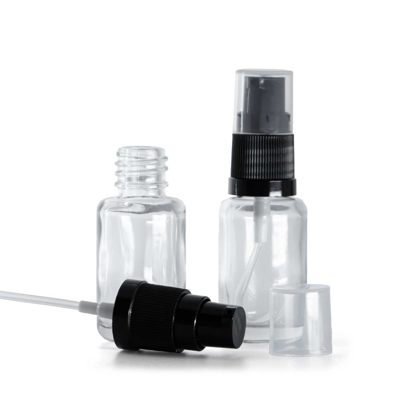 Průhledná skleněná lahvička kulatá s dávkovačem krému 12 ml