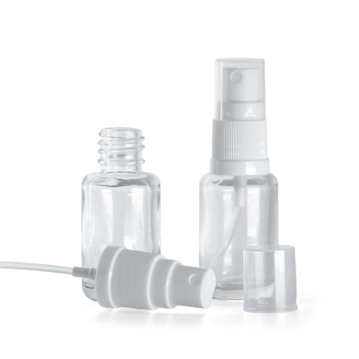 Butelka szklana apteczna, przezroczysta, okrągła, atomizer biały, 12 ml