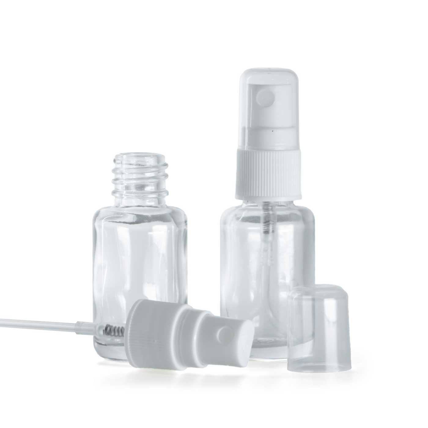 Butelka szklana apteczna, przezroczysta, okrągła, atomizer biały do butelki plastikowej, 12 ml