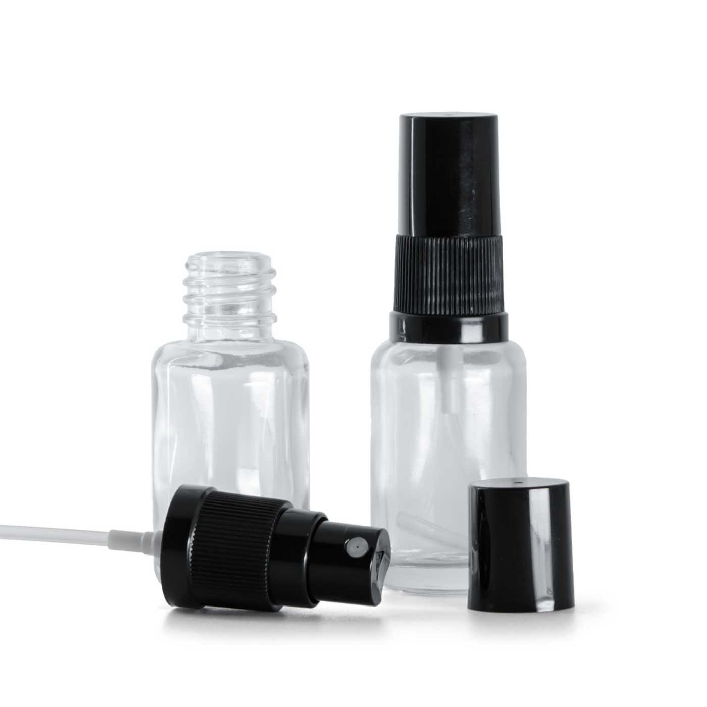 Butelka szklana apteczna, przezroczysta, okrągła, atomizer czarny, czarny kapturek, 12 ml