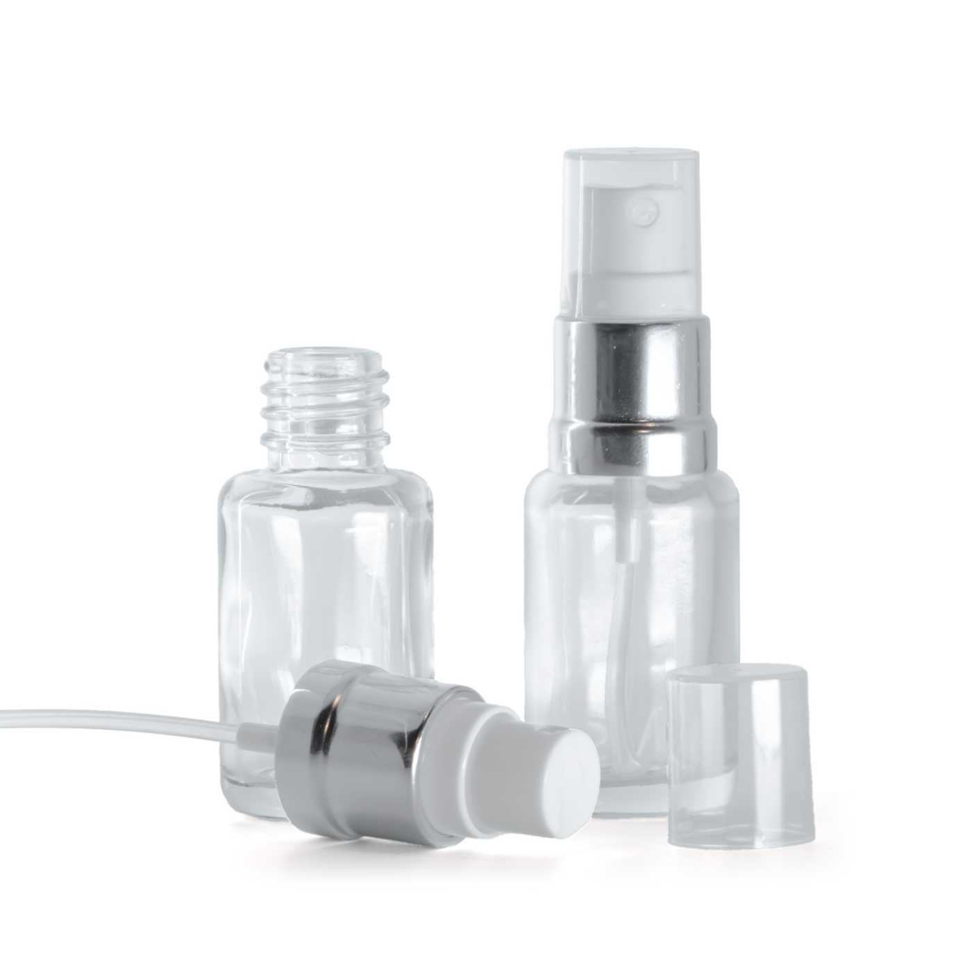 Butelka szklana apteczna, przezroczysta, okrągła, atomizer biało-srebrny, 12 ml