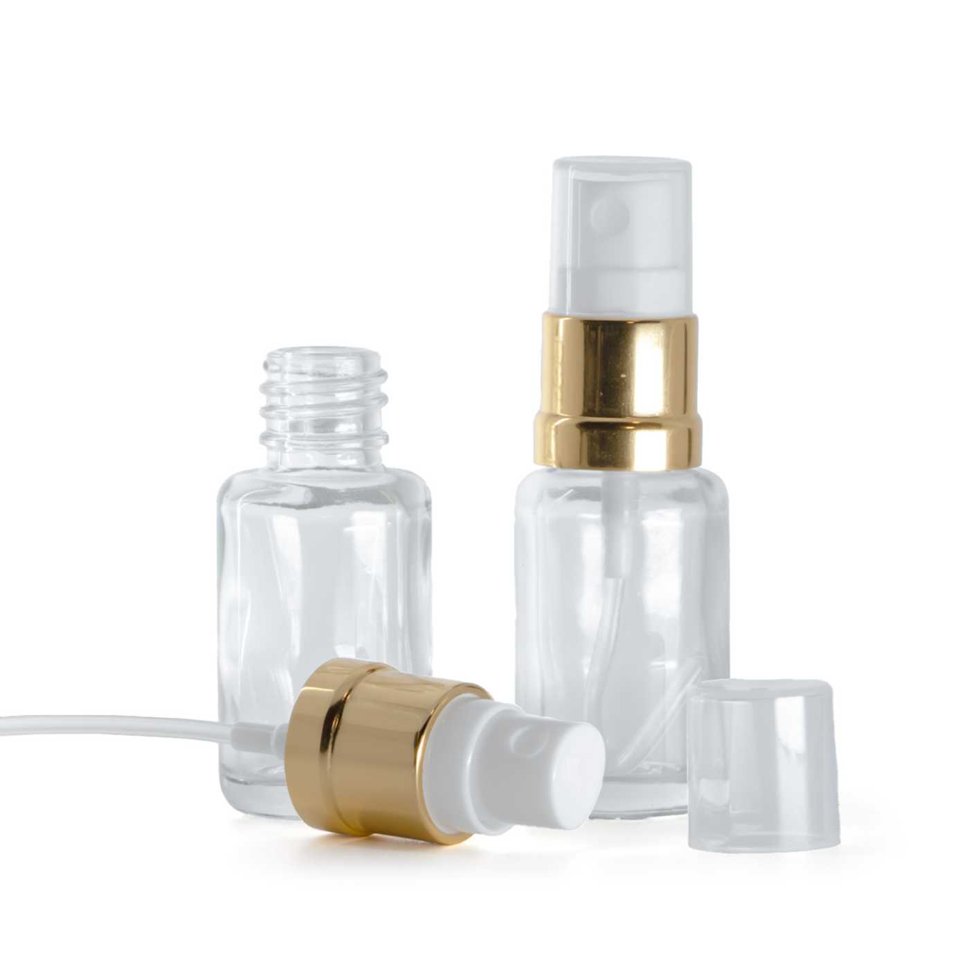 Butelka szklana apteczna, przezroczysta, okrągła, atomizer biało-złoty, 12 ml