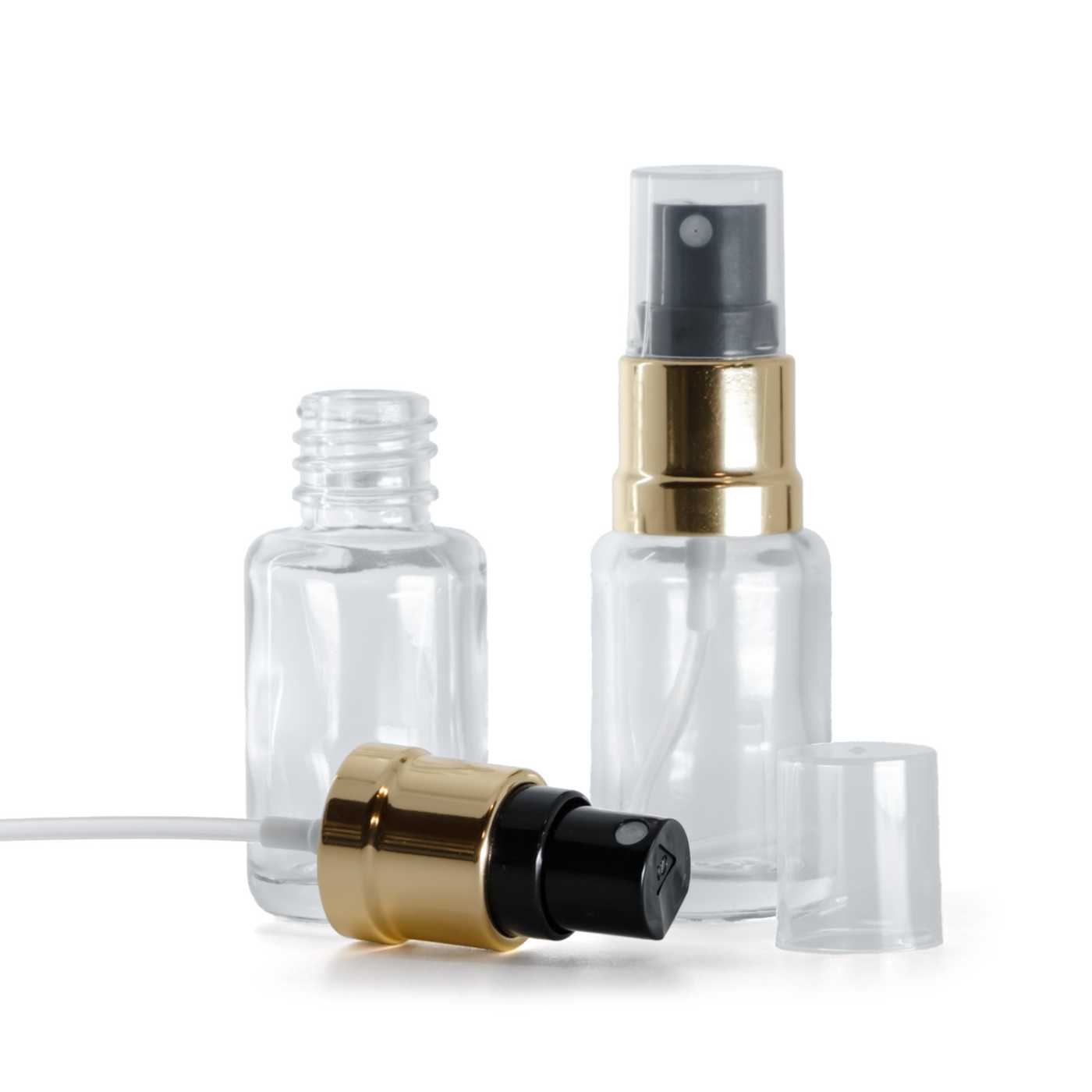 Butelka szklana apteczna, przezroczysta, okrągła, atomizer czarno-złoty, 12 ml