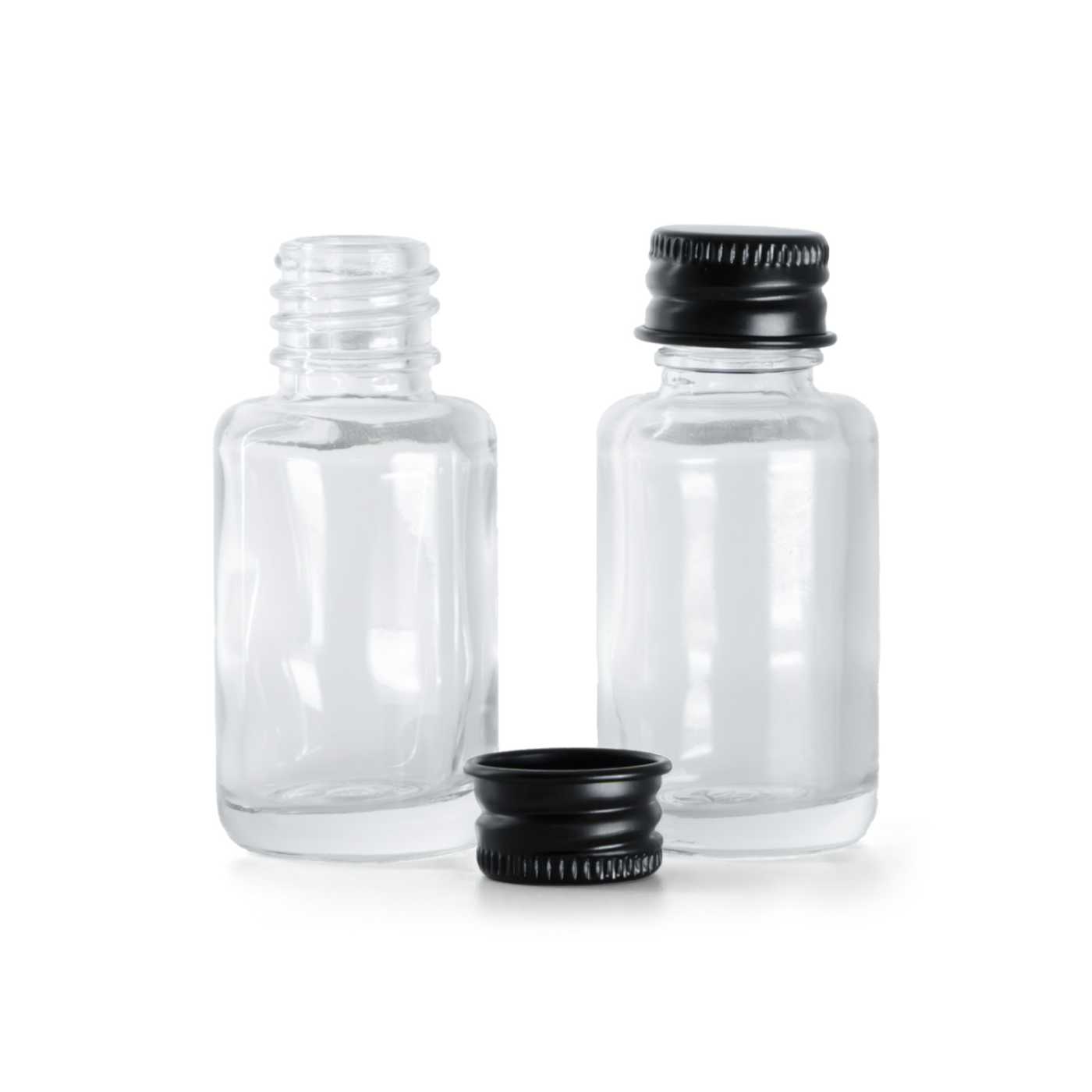 Butelka szklana apteczna, przezroczysta, okrągła, nakrętka czarna aluminiowa, 12 ml