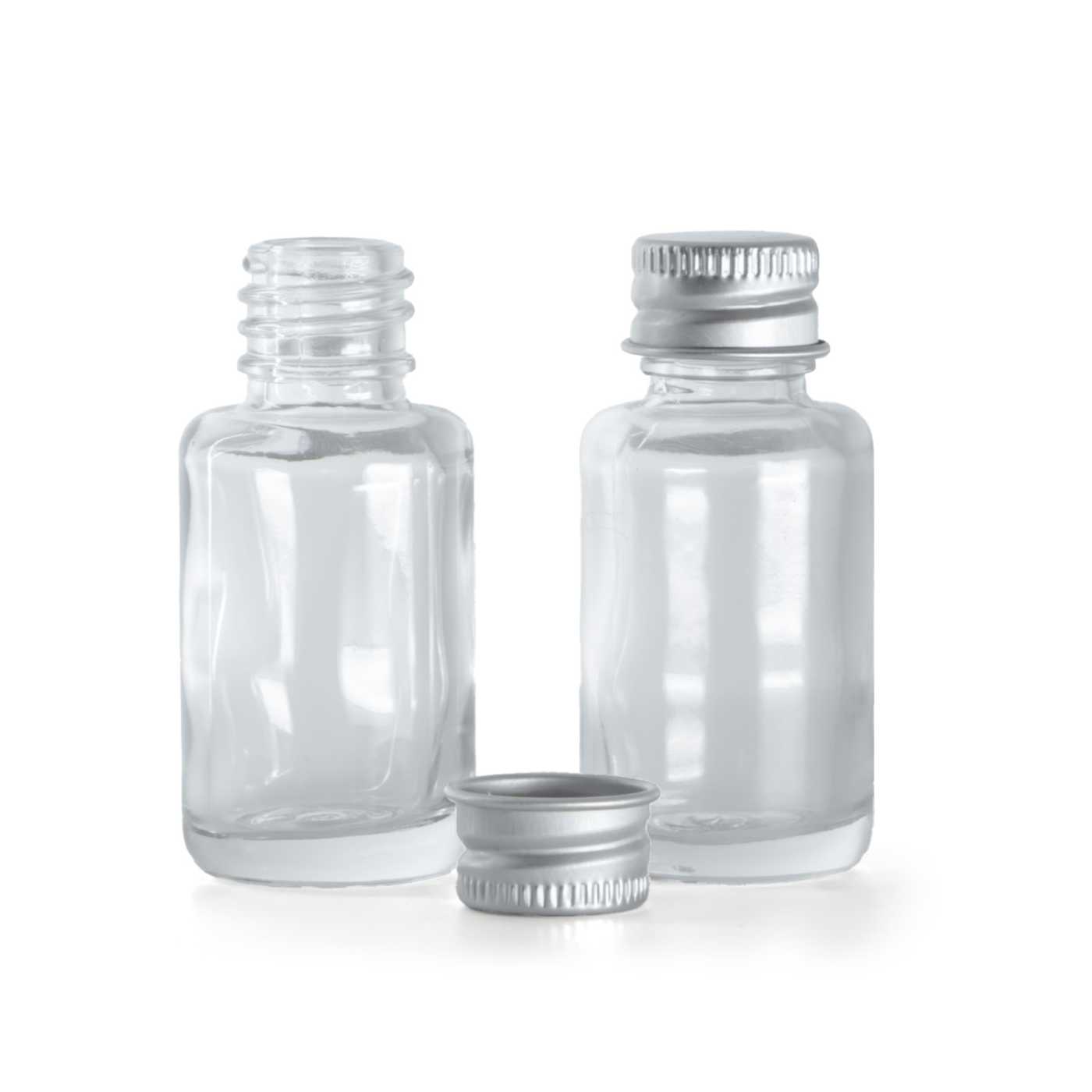 Butelka szklana apteczna, przezroczysta, okrągła, nakrętka aluminiowa, 12 ml