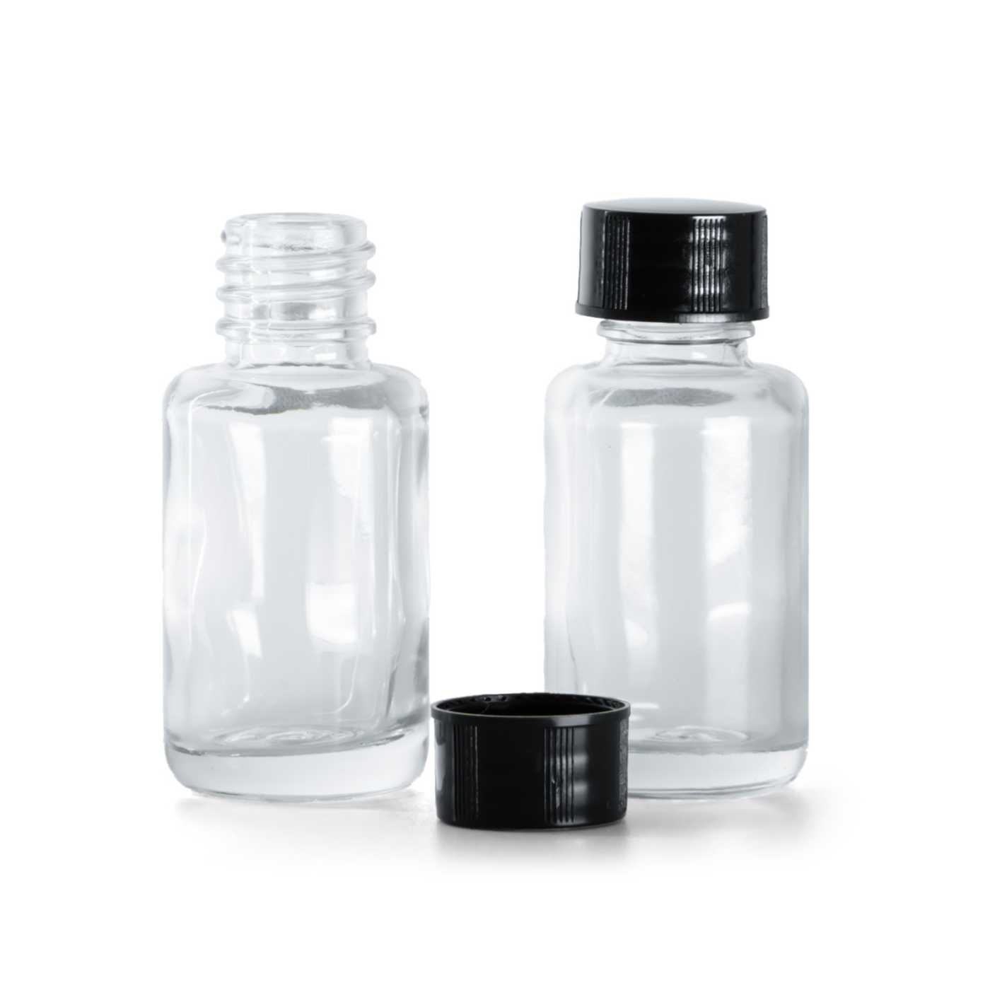 Butelka szklana apteczna, przezroczysta, okrągła, nakrętka czarna, 12 ml