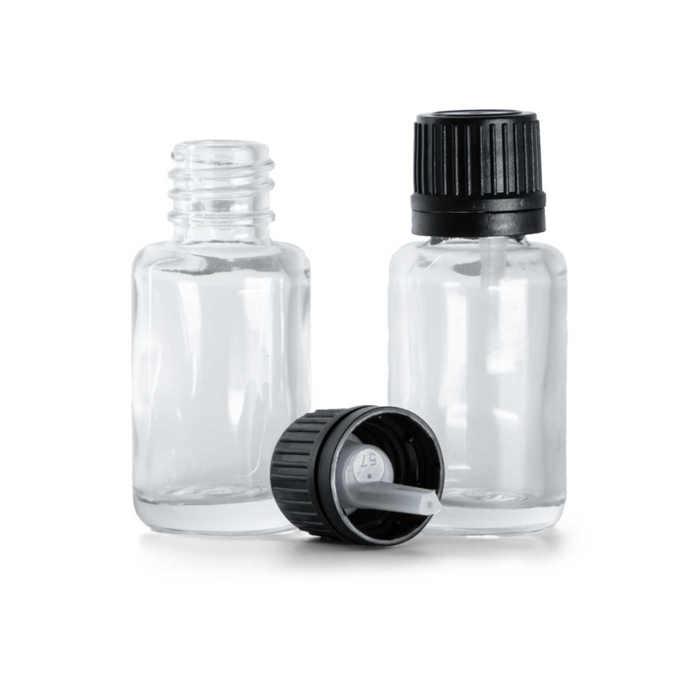 Butelka szklana apteczna, przezroczysta, okrągła, nakrętka czarna z kroplomierzem, 12 ml