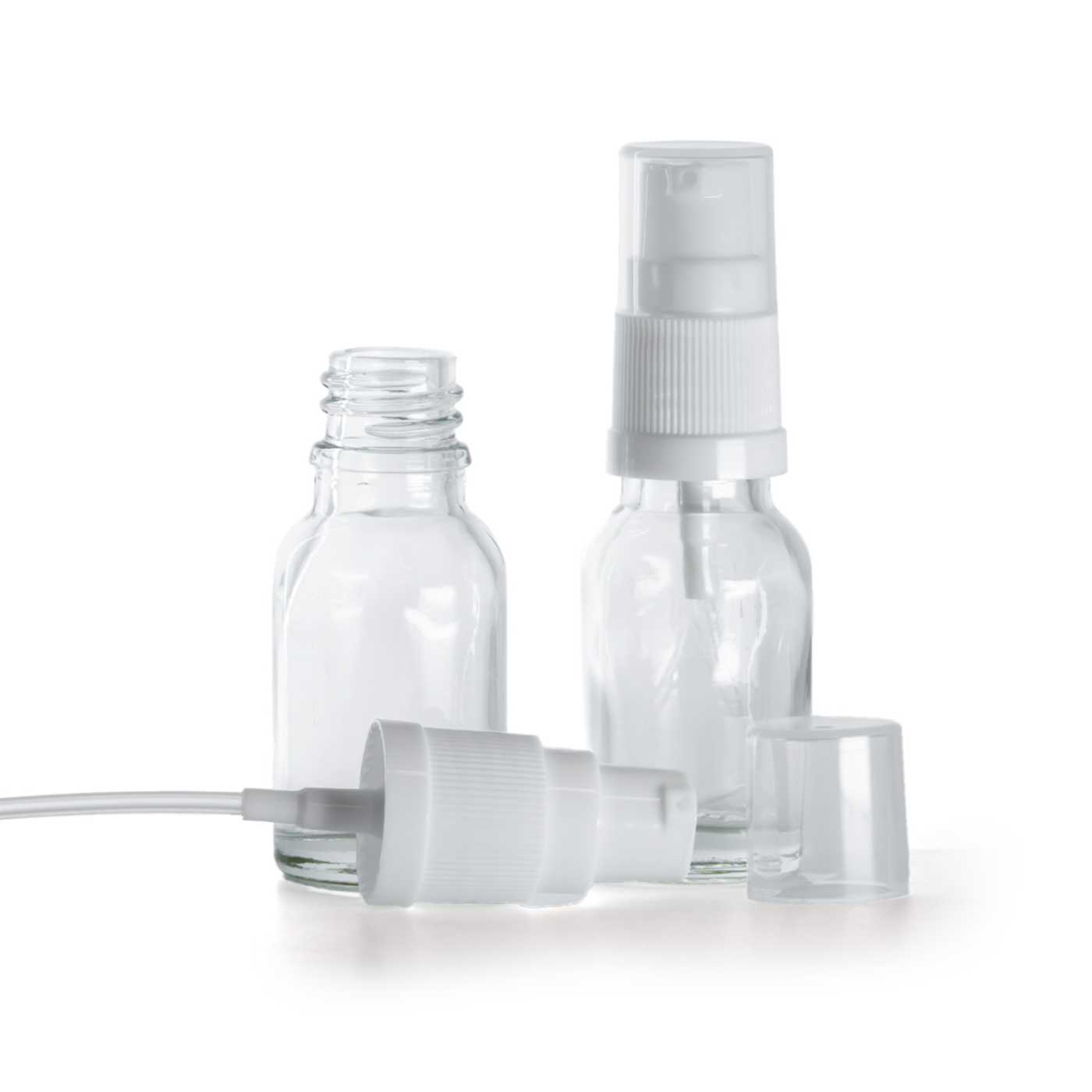 Flacon en verre transparent avec pompe blanche, 15 ml
