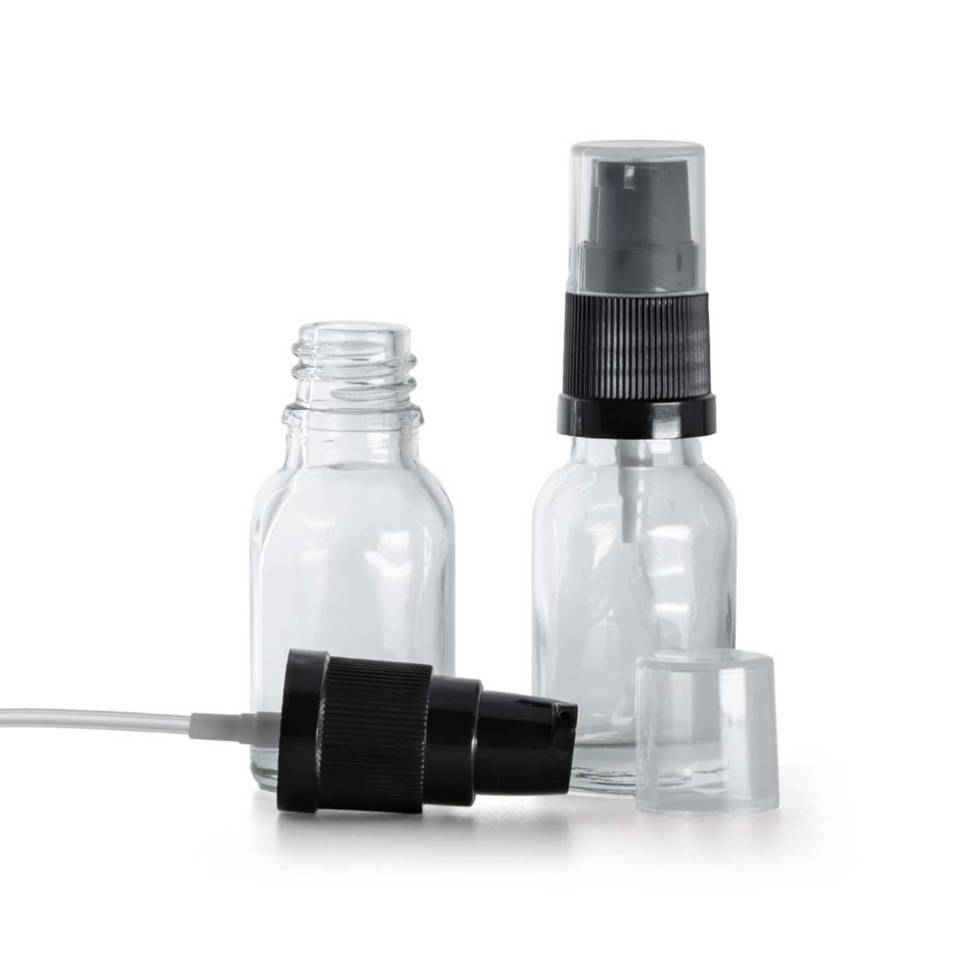 Skleněná lahvička transparentní s dávkovačem krému 15 ml