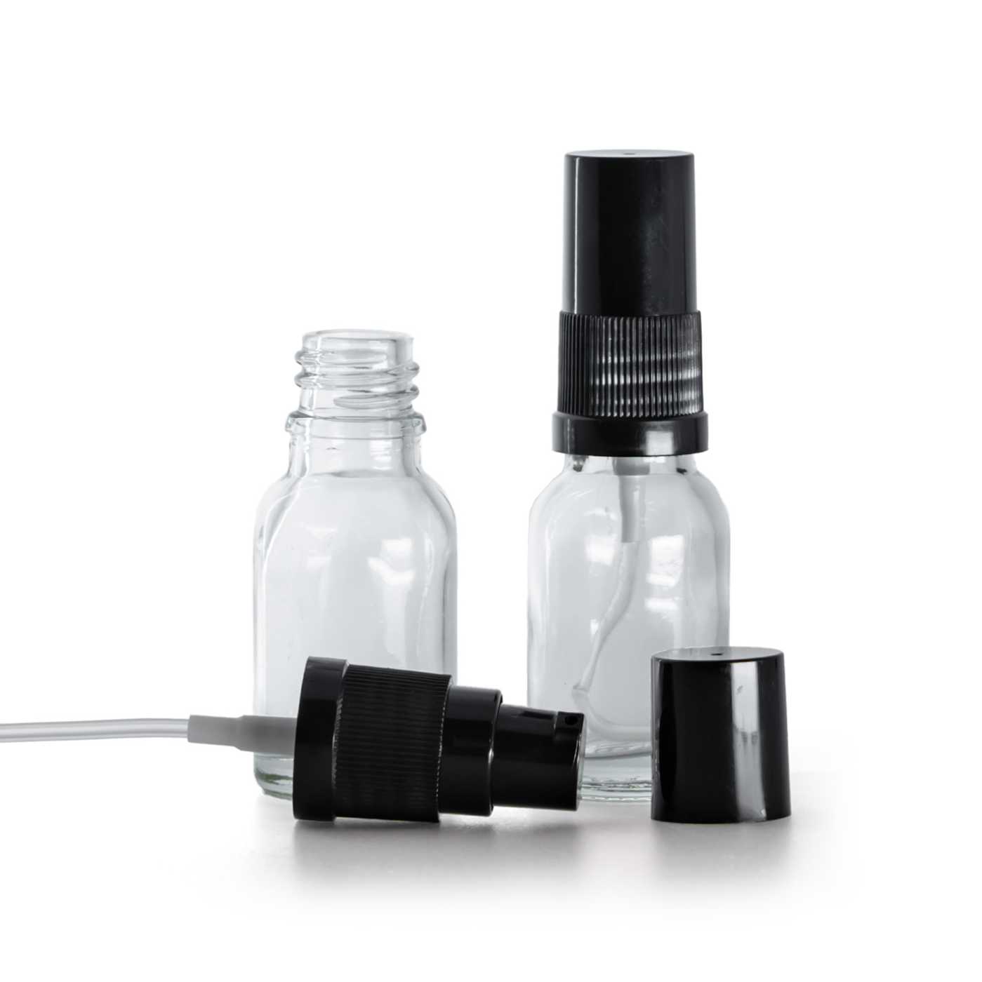 Sklenená fľaška, priehľadná, dávkovač krémov s čiernym vrchom, 15 ml