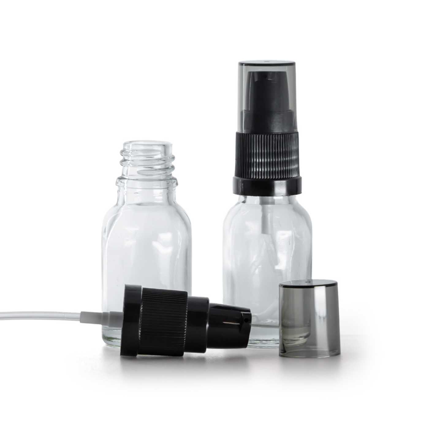 Sklenená fľaška, priehľadná, dávkovač krémov s dymovým krytom, 15 ml
