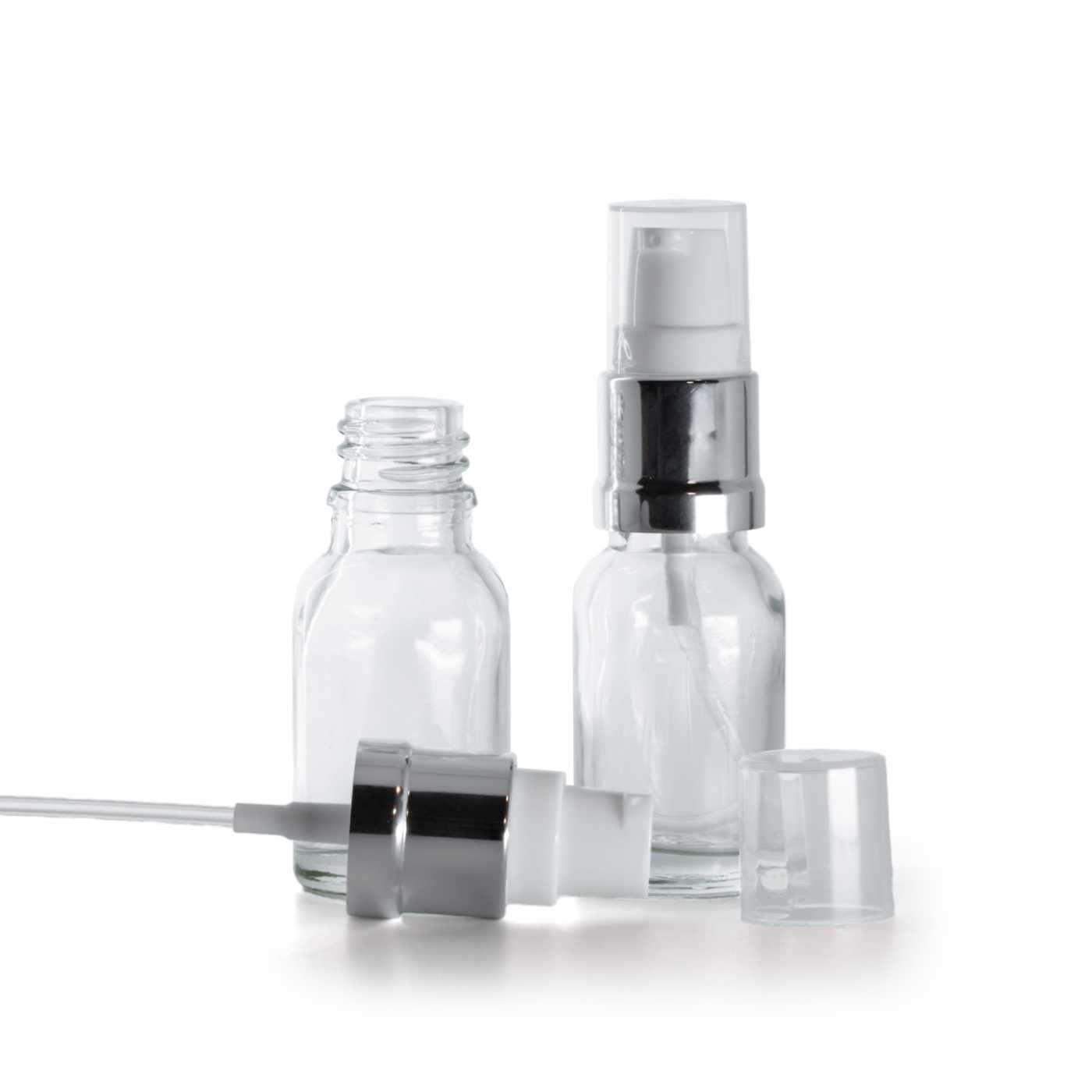 Butelka szklana, przezroczysta, biało-srebrny błyszczący dozownik, 15 ml