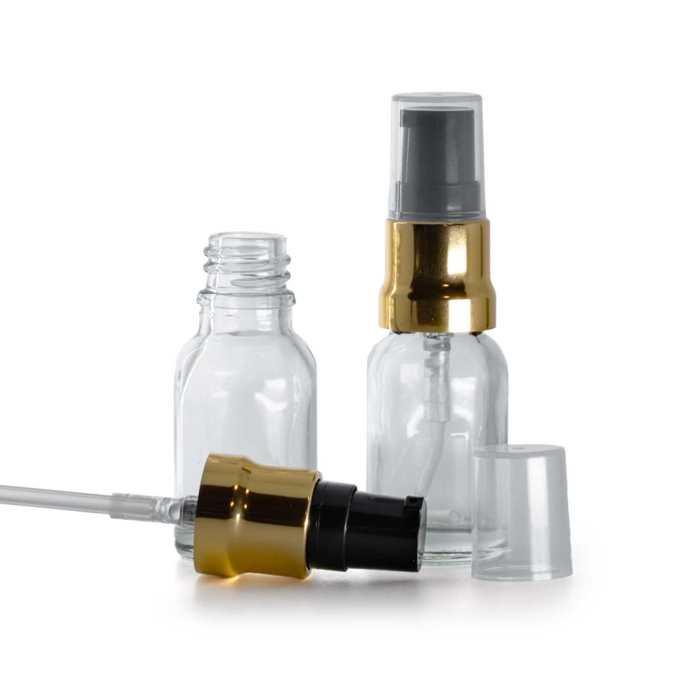 Sklenená fľaška, priehľadná, čierno-zlatý lesklý dákovač, priehľadný vrch, 15 ml